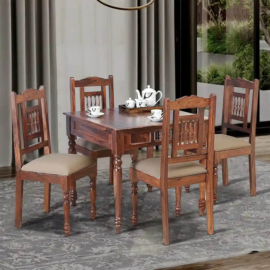 Devanti solid sheesham wood four seater dining set with chairs durable seating