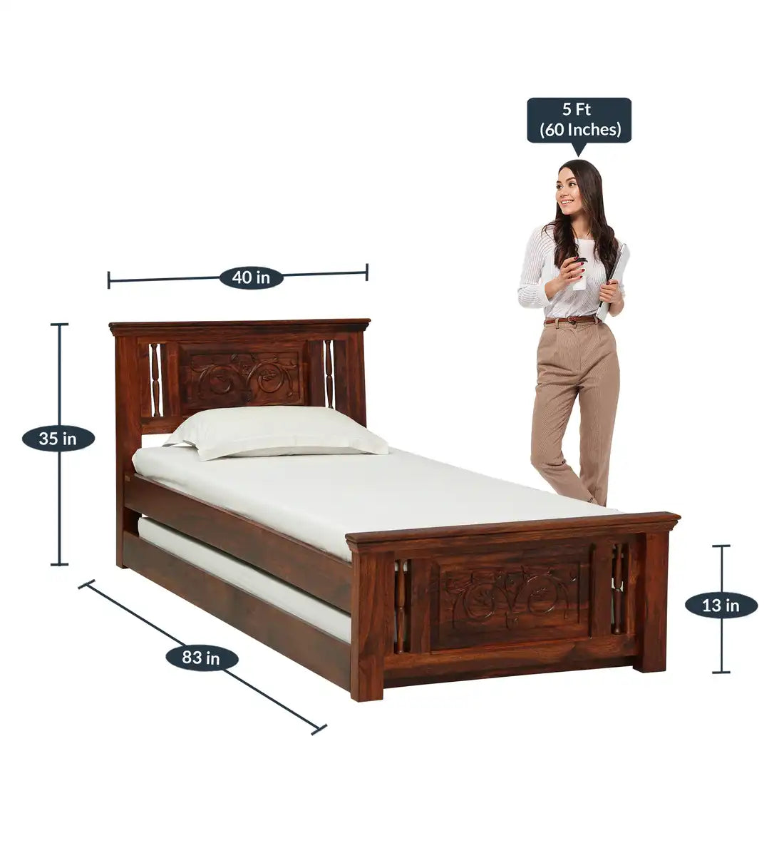 devanti sheesham wood trundle bed top view clean wooden finish pull out design