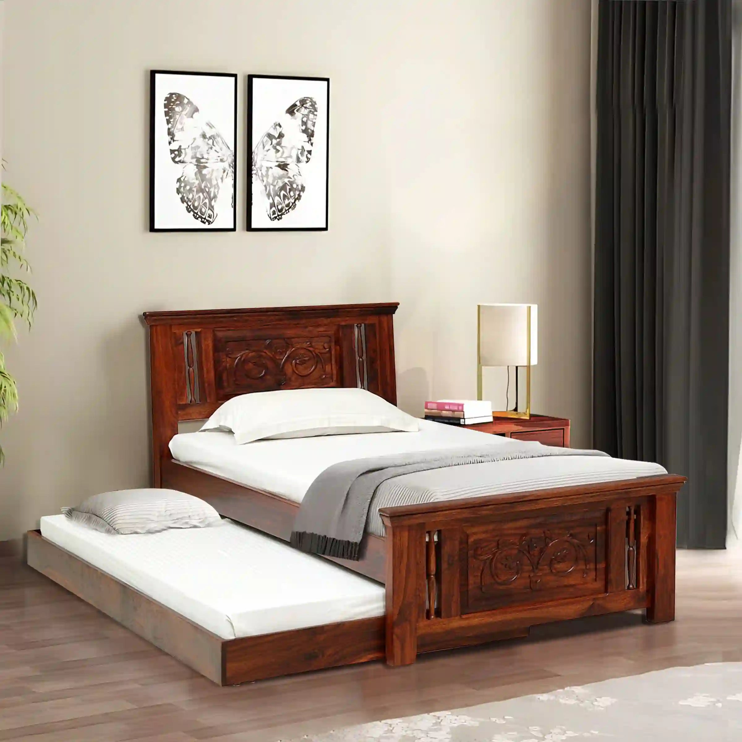 devanti traditional solid wood trundle bed front view sheesham wood pull out bed design