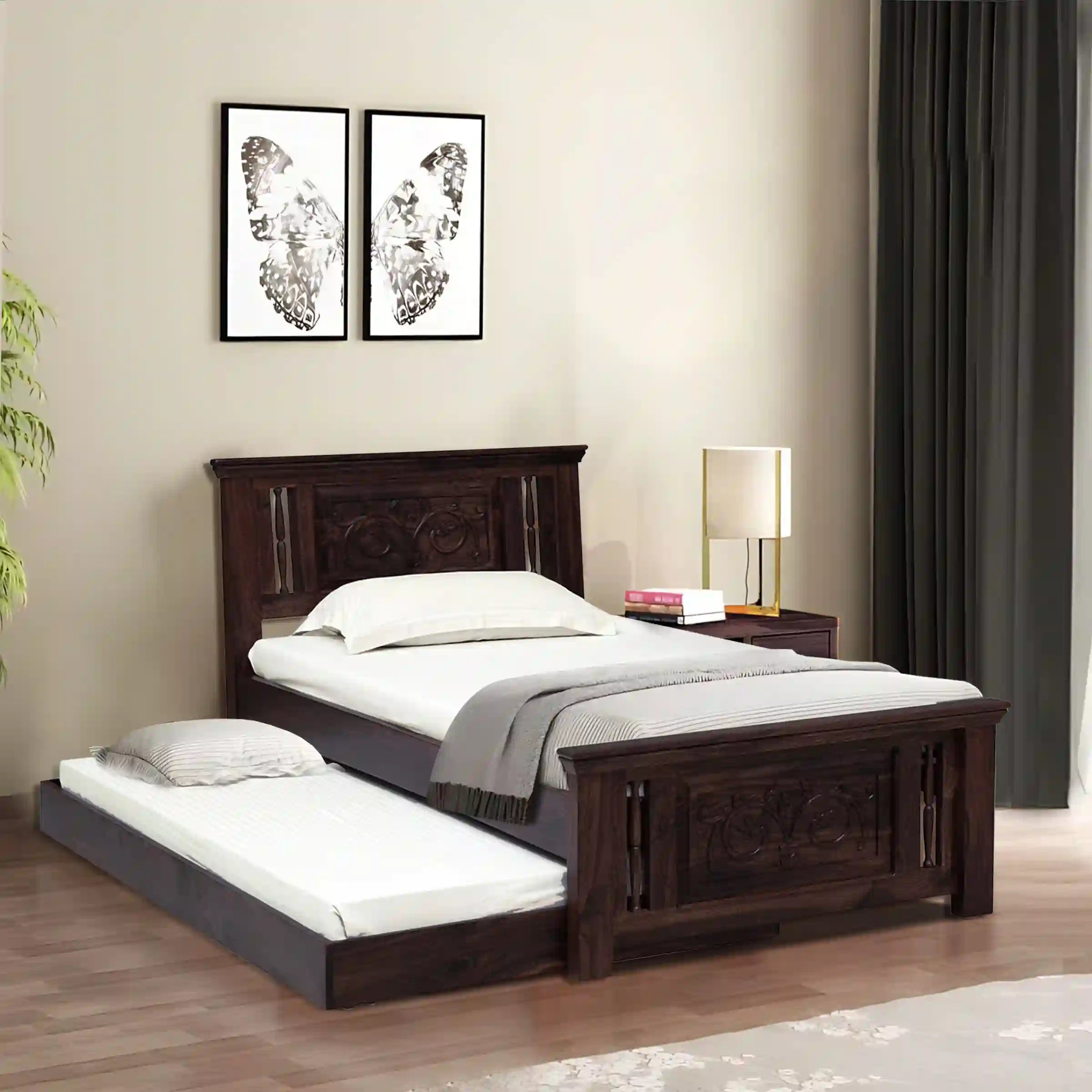 devanti sheesham wood trundle bed styled in premium bedroom decor setup space saving design
