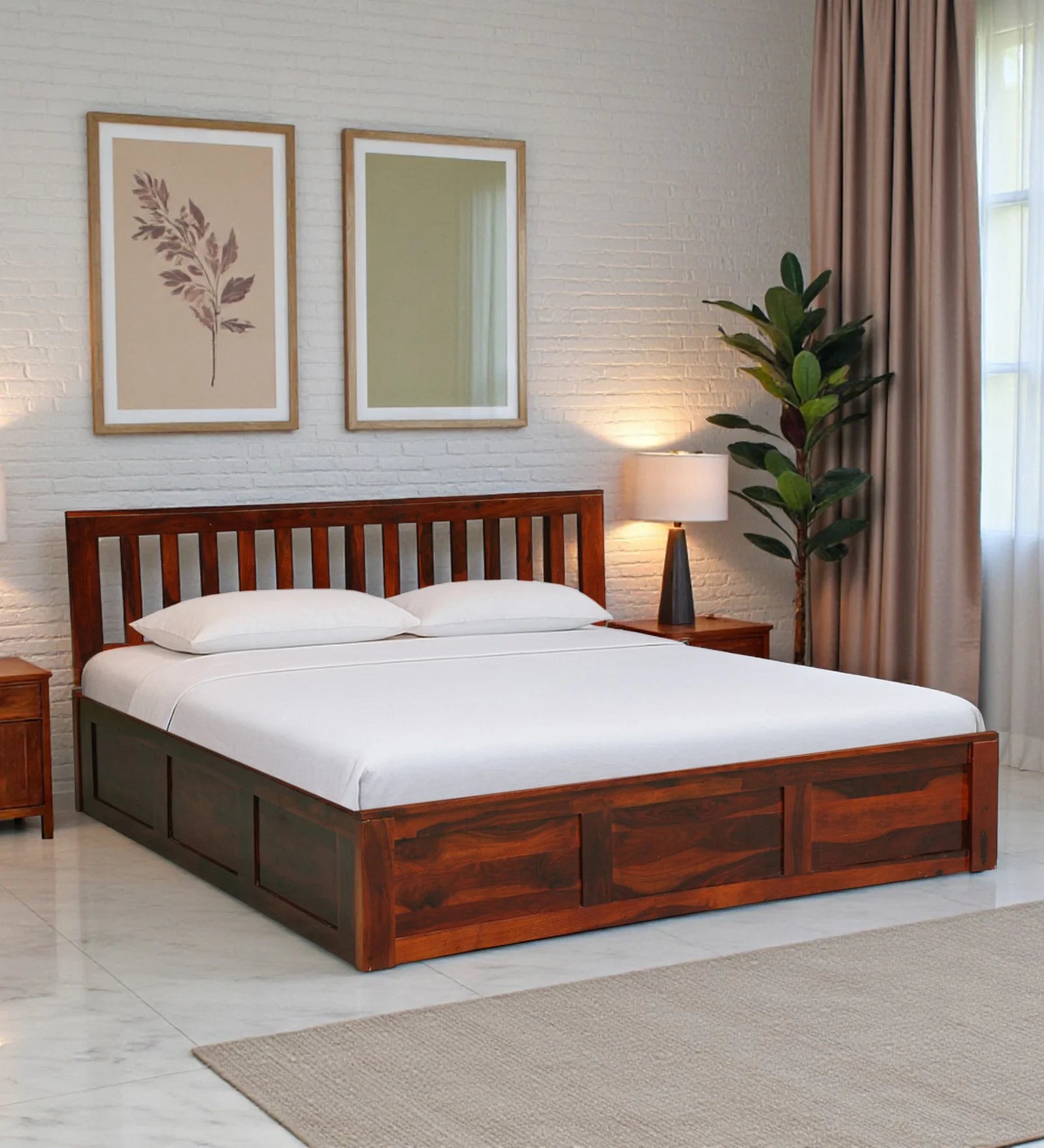 Druma solid sheesham wood queen size bed with hydraulic storage