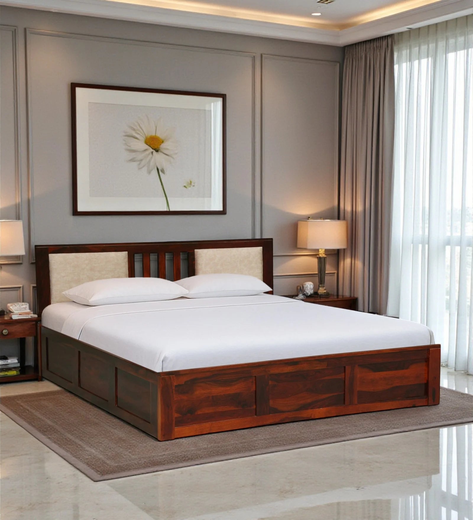 Druma solid sheesham wood queen size bed with hydraulic storage heavy duty