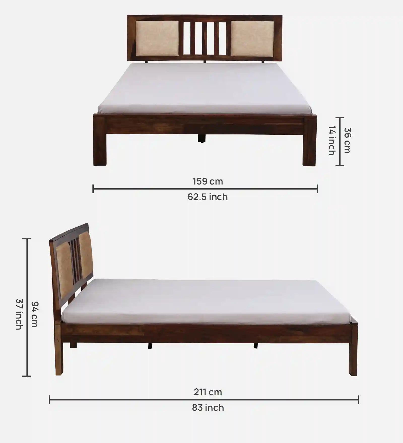 druma queen size solid wood bed without storage top view clean wooden finish