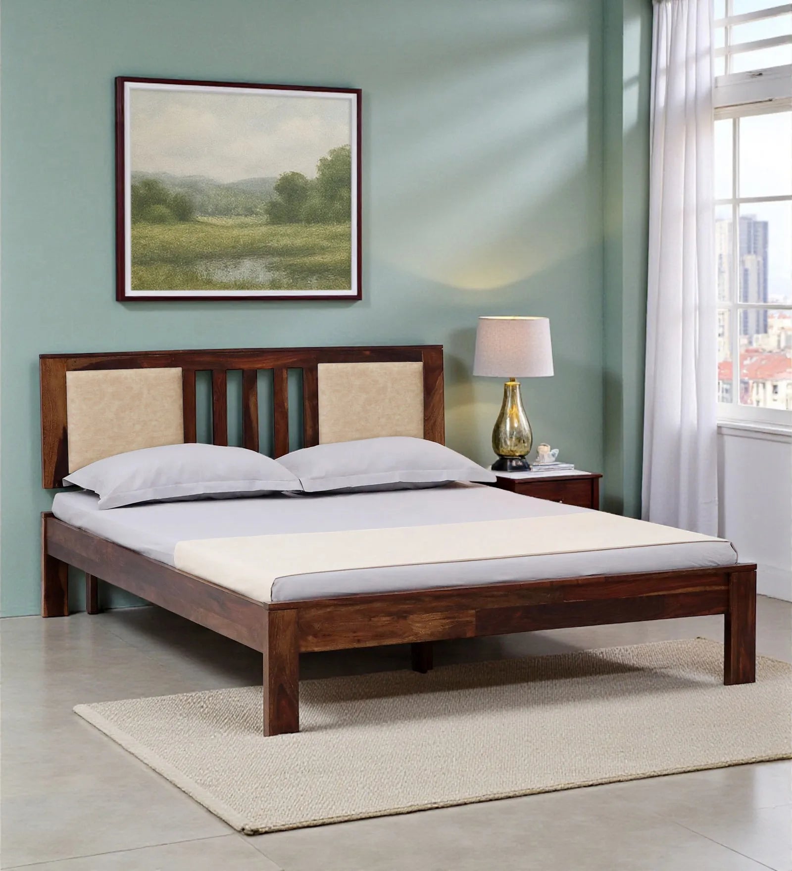 druma solid wood queen size bed without storage front view modern sheesham wood design