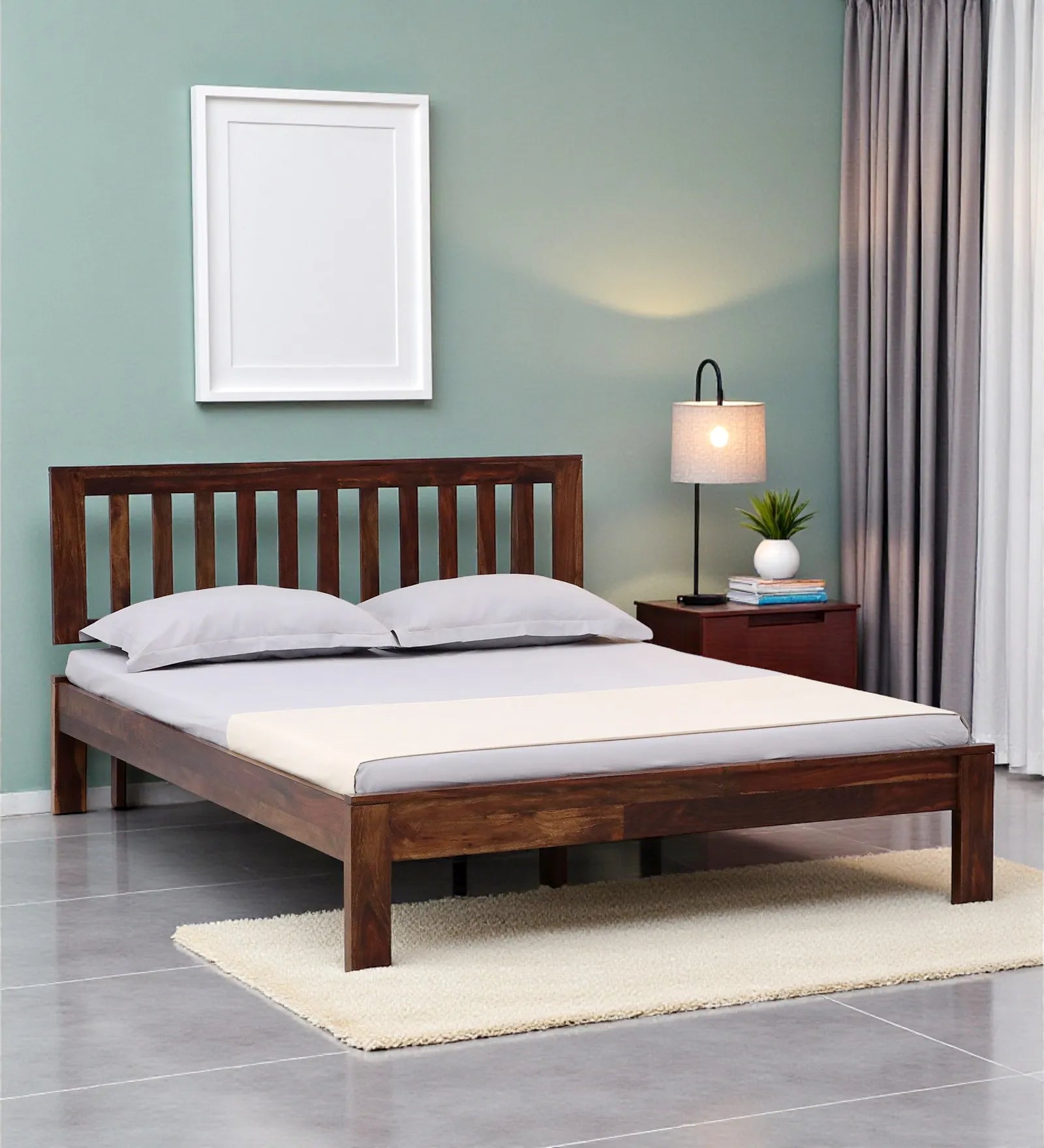 Druma solid wood queen size bed without storage front view modern sheesham wood design