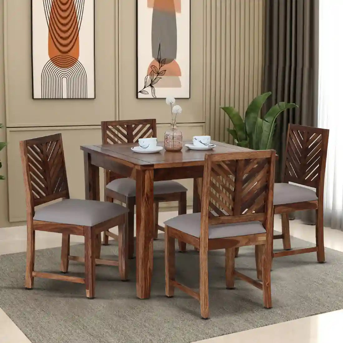 Elista handcrafted solid wood four seater dining table set strong durable furniture