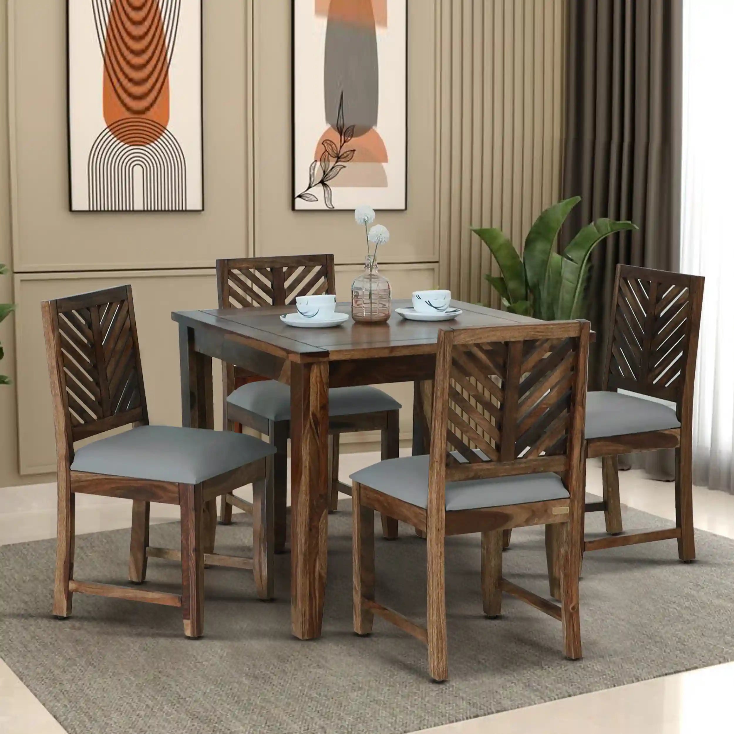 Elista solid sheesham wood four seater dining table set premium wooden furniture India