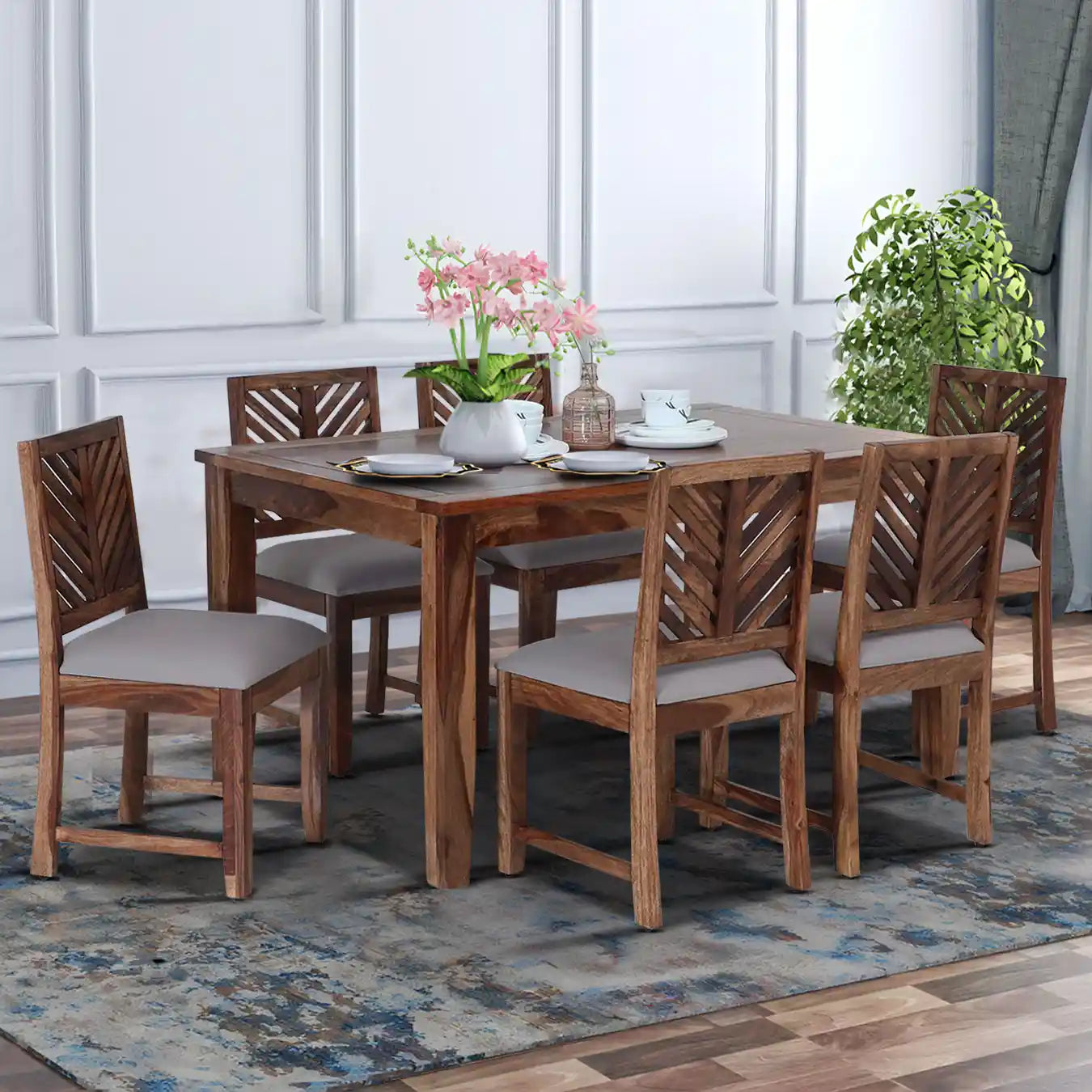 Elista solid sheesham wood six-seater dining set premium solid wood furniture for modern Indian homes