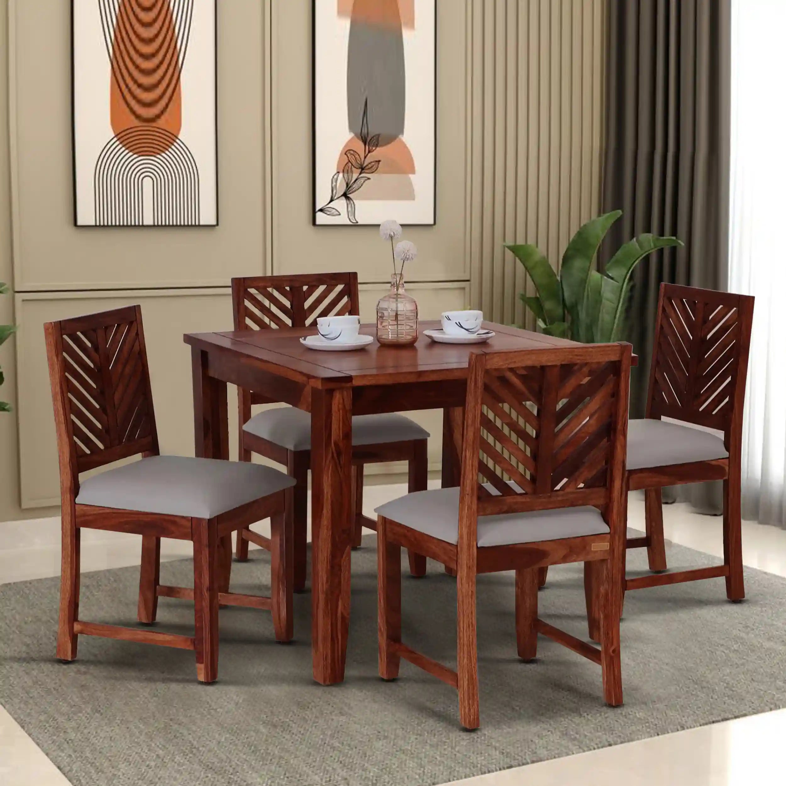 Elista solid wood four seater dining table set teak finish modern dining furniture