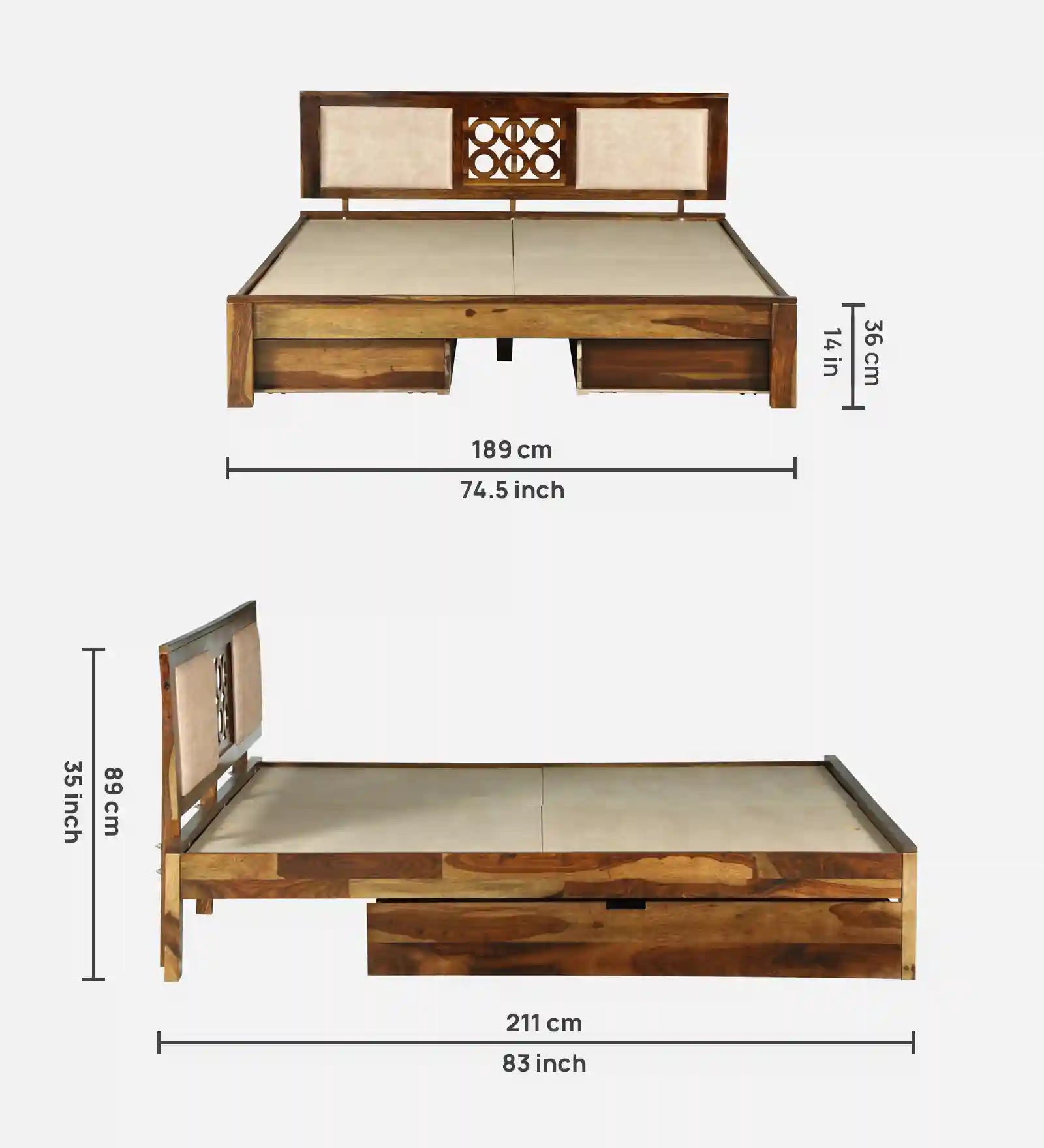 modern bedroom lifestyle arrangement with sheesham wood drawer storage bed india