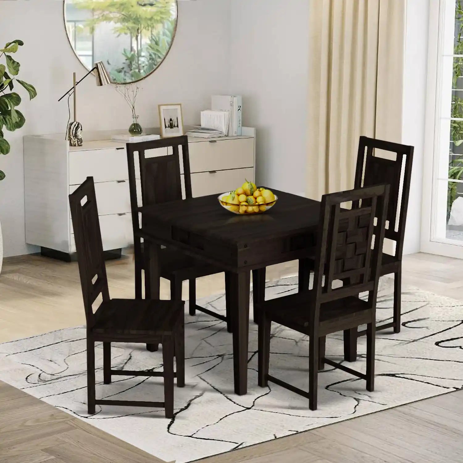 Square dining table set four seater in solid wood for compact dining