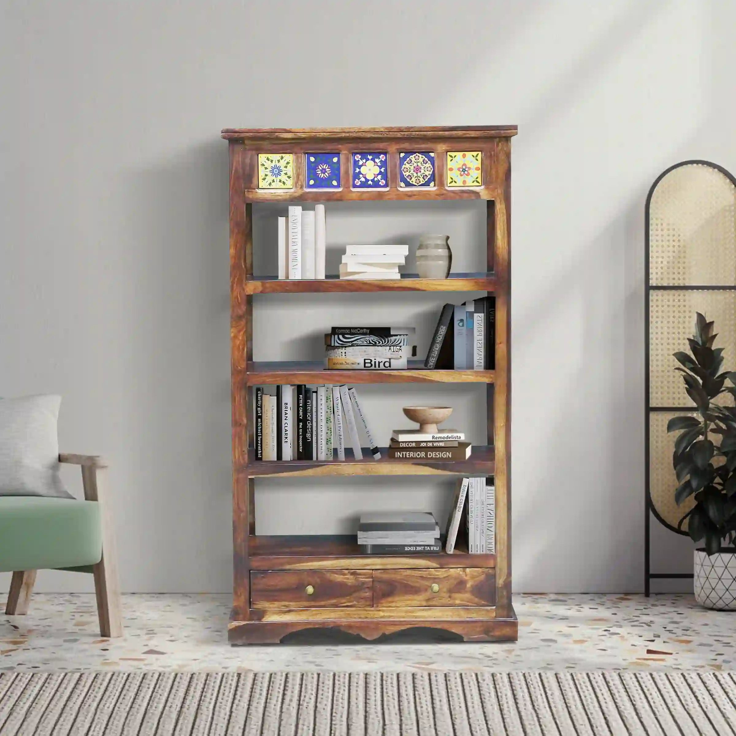 Handcrafted sheesham wood bookshelf solid wood display storage design