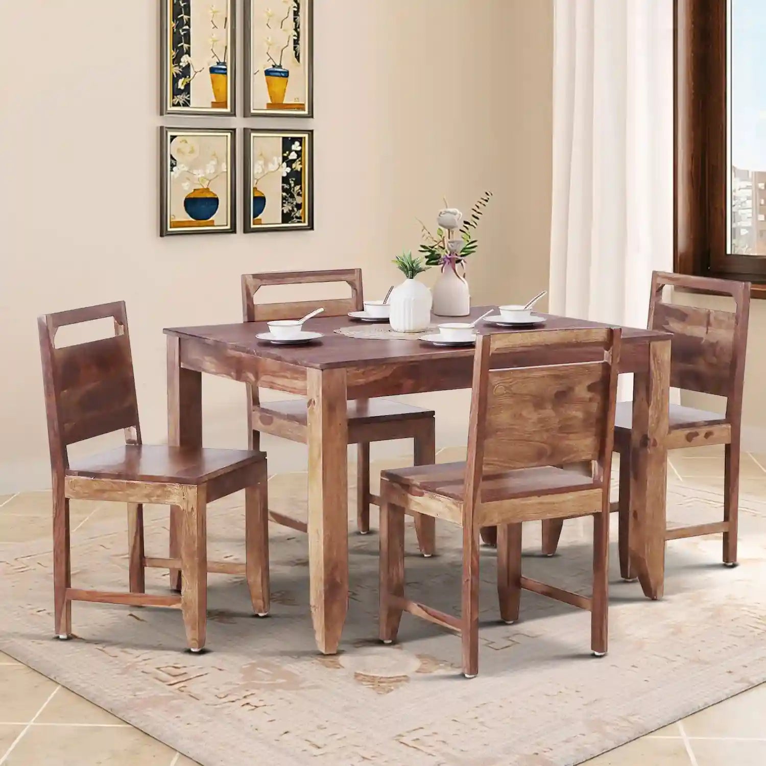 Hari handcrafted solid wood four seater dining table strong durable furniture