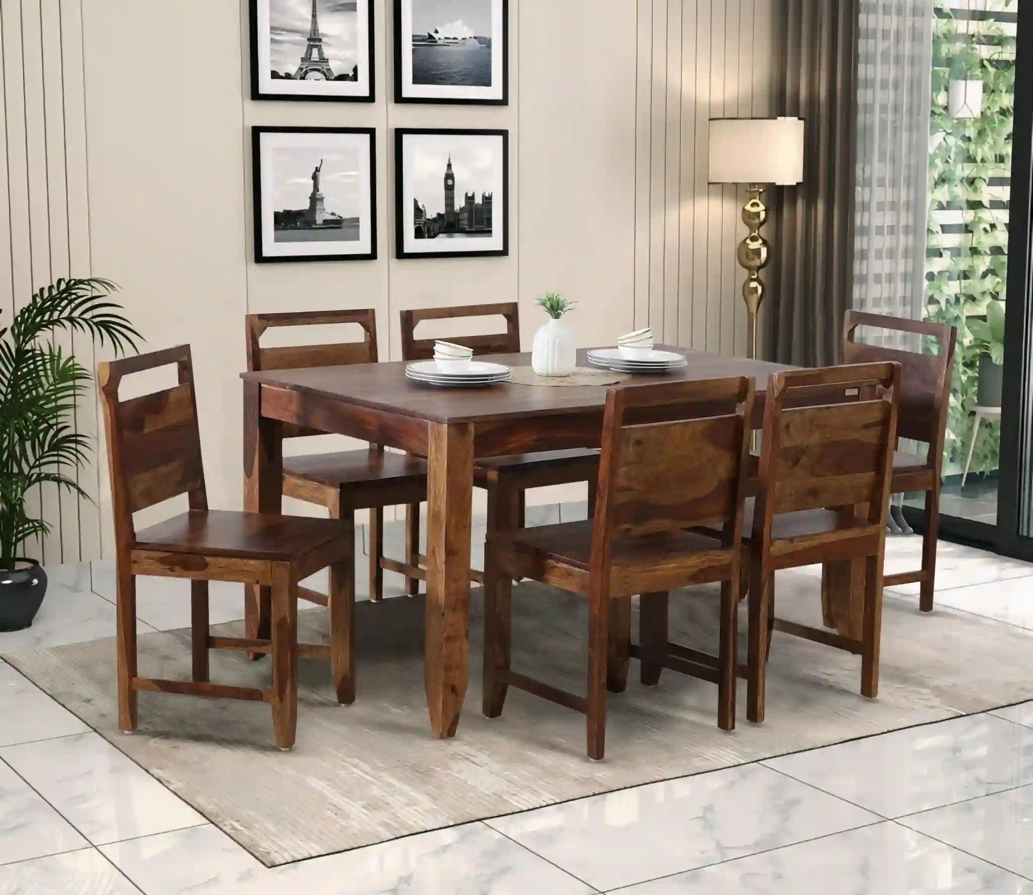 Hari solid wood six-seater dining table set premium sheesham wood furniture for modern Indian homes