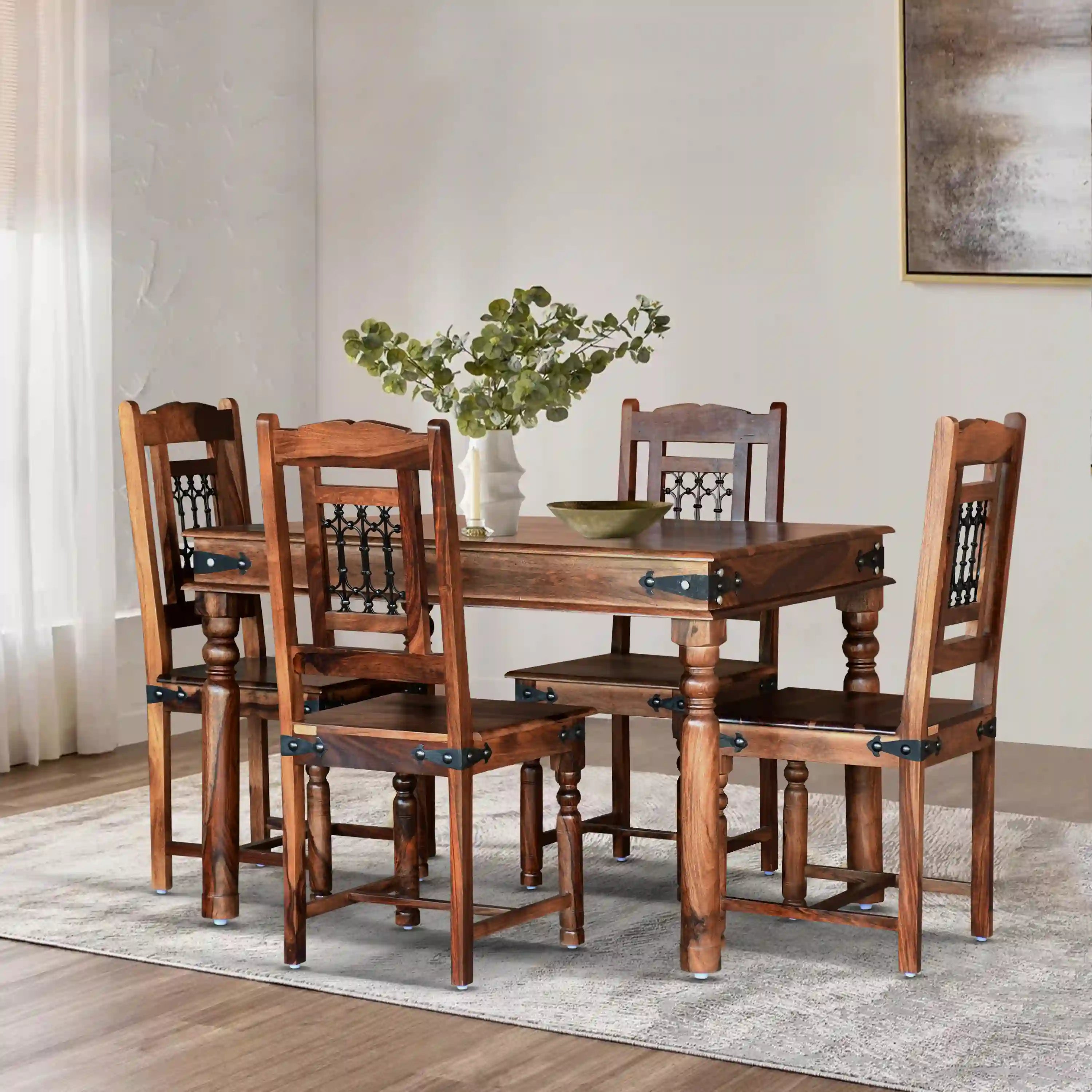 Haveli solid wood four seater dining table set premium wooden furniture India