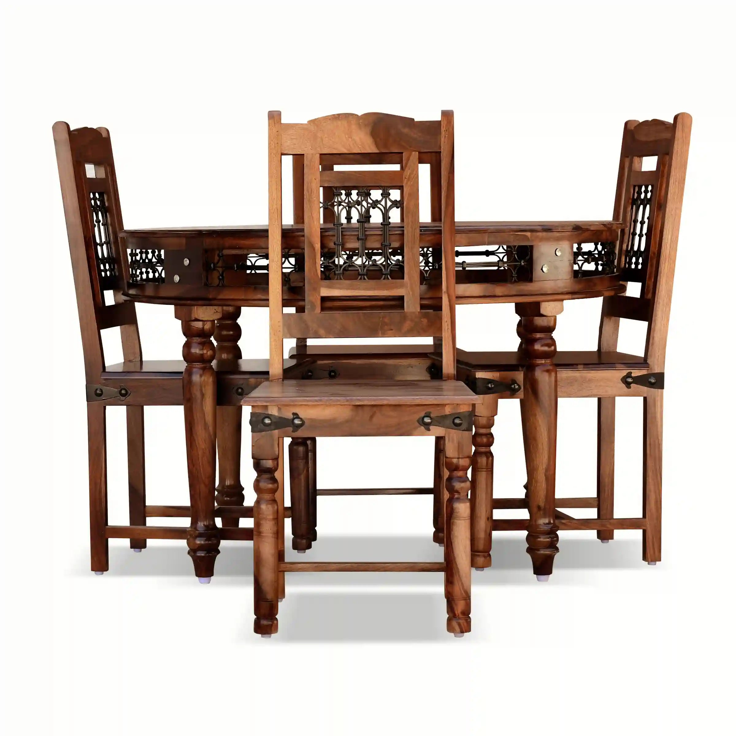 Haveli wooden round four seater dining table set for compact dining space India