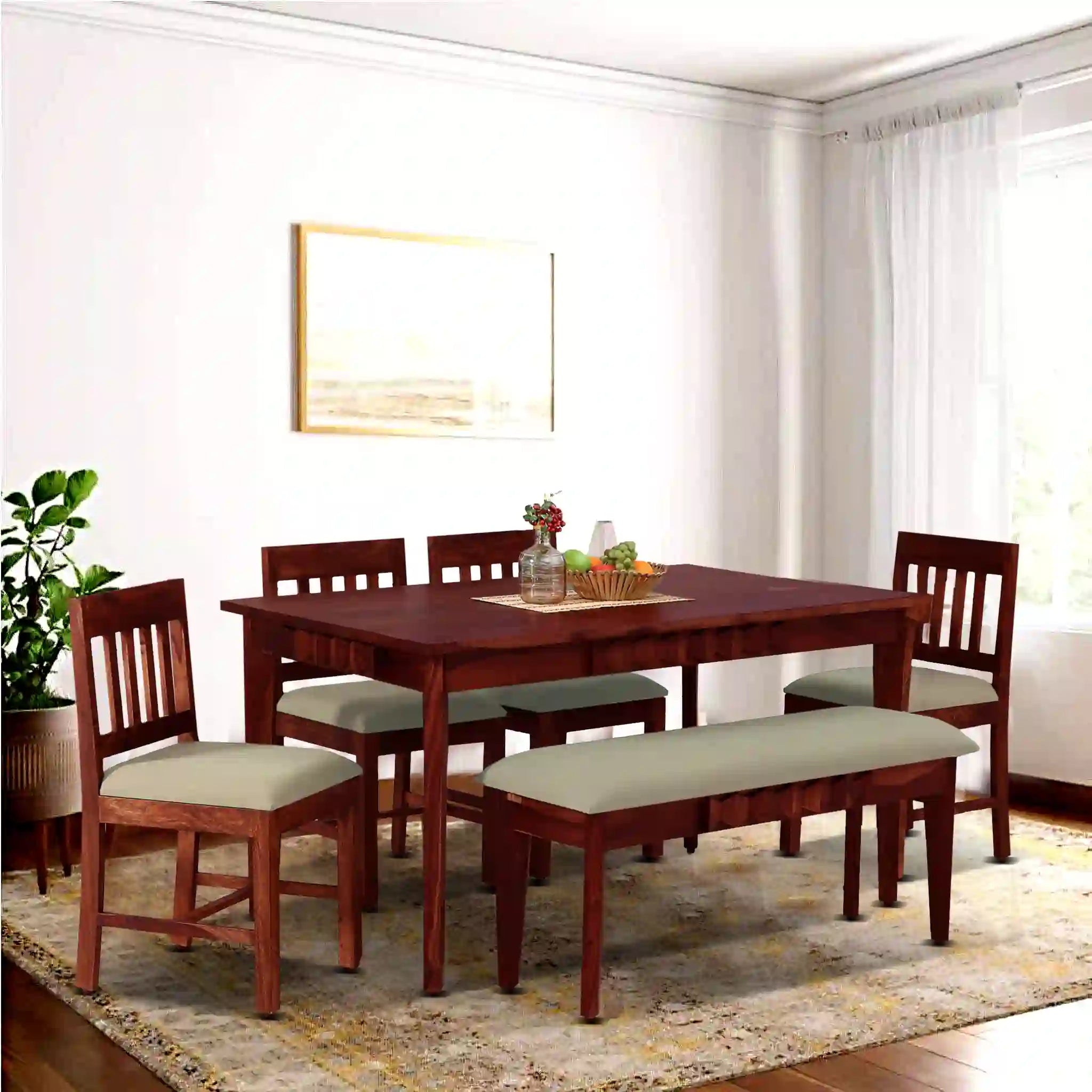 Heavy duty Alford solid wood six-seater dining table set with bench strong and long lasting furniture
