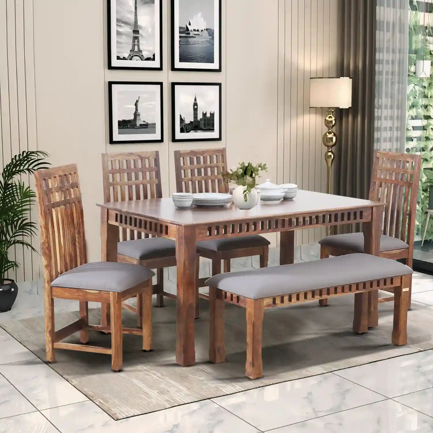 Heavy duty Oasis solid sheesham wood four-seater dining table set long lasting furniture