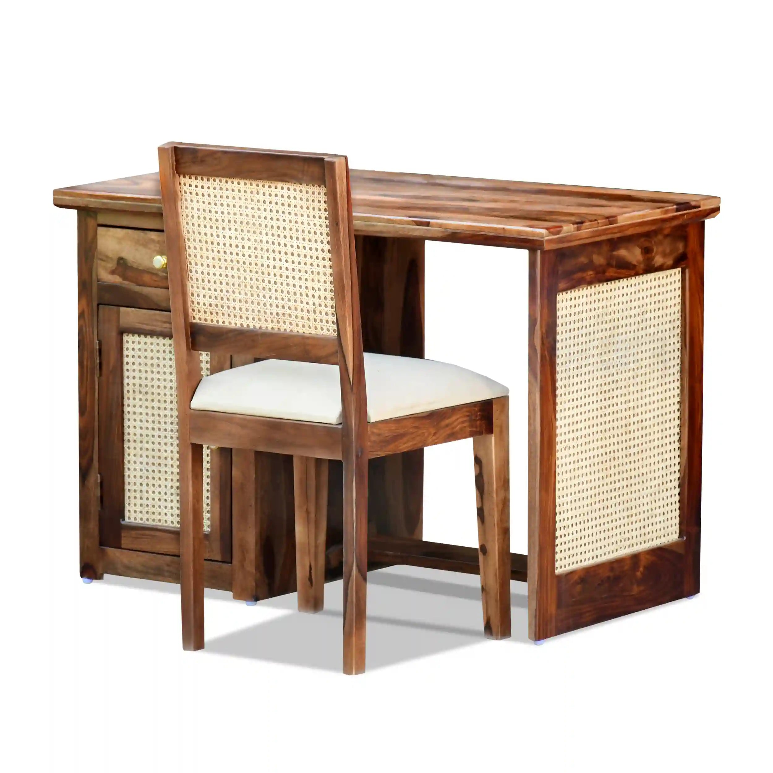 Home office desk sheesham wood study table with cane storage design