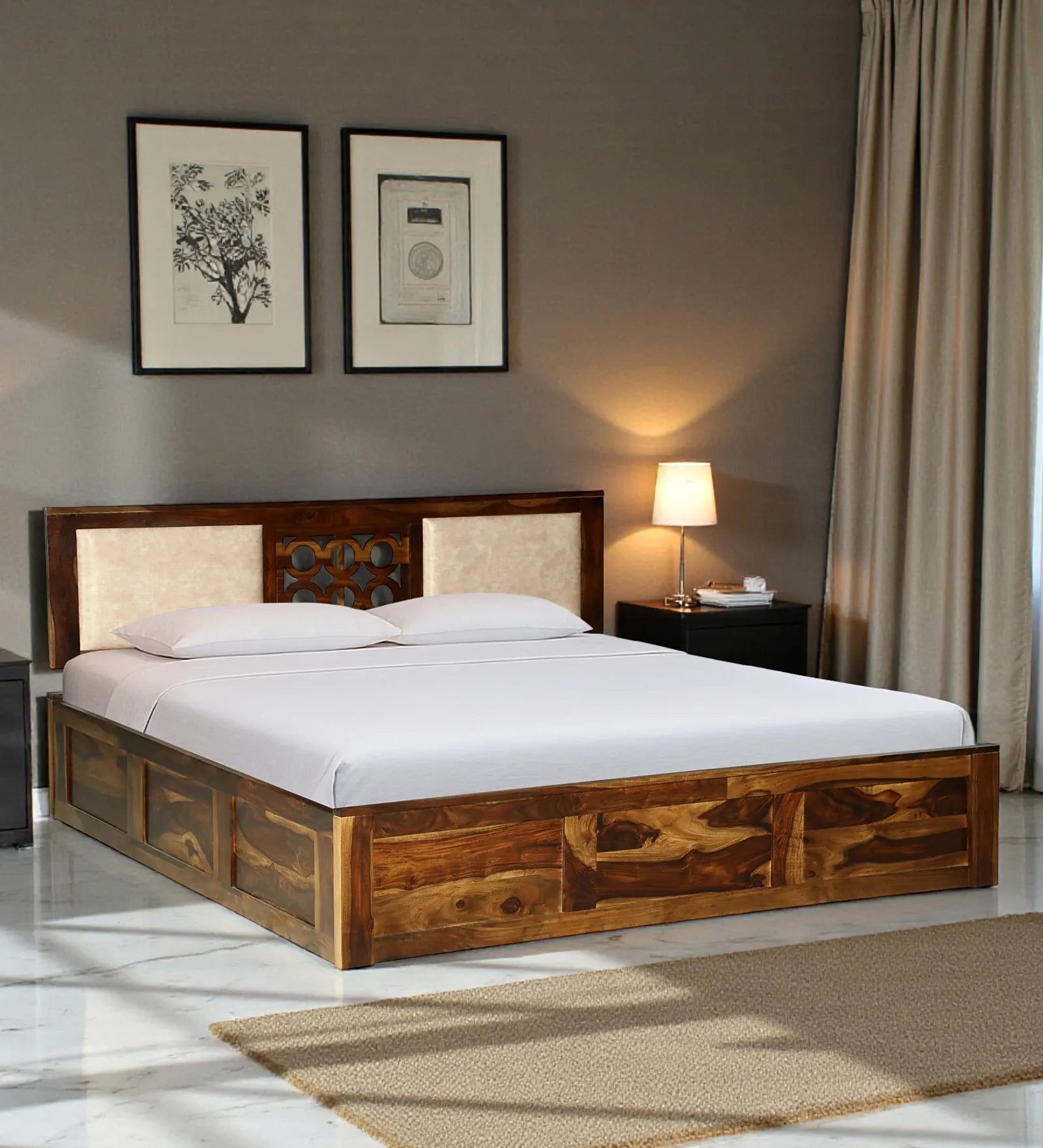 sheesham wood queen size hydraulic storage bed frame structure india