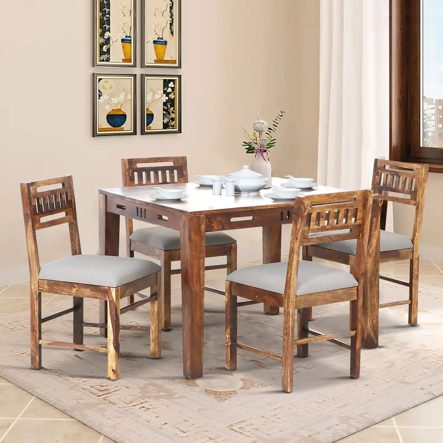 Jenine modern sheesham wood four seater dining table set stylish home furniture