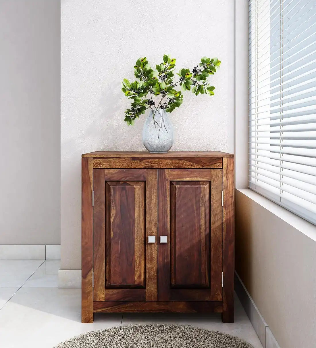 Jenine solid wood shoe rack cabinet made from premium sheesham wood for modern Indian homes