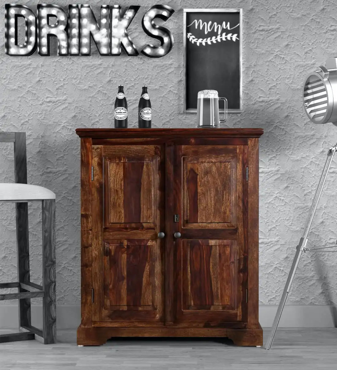 Kanishka sheesham bar cabinet in solid wood for organized home bar storage India