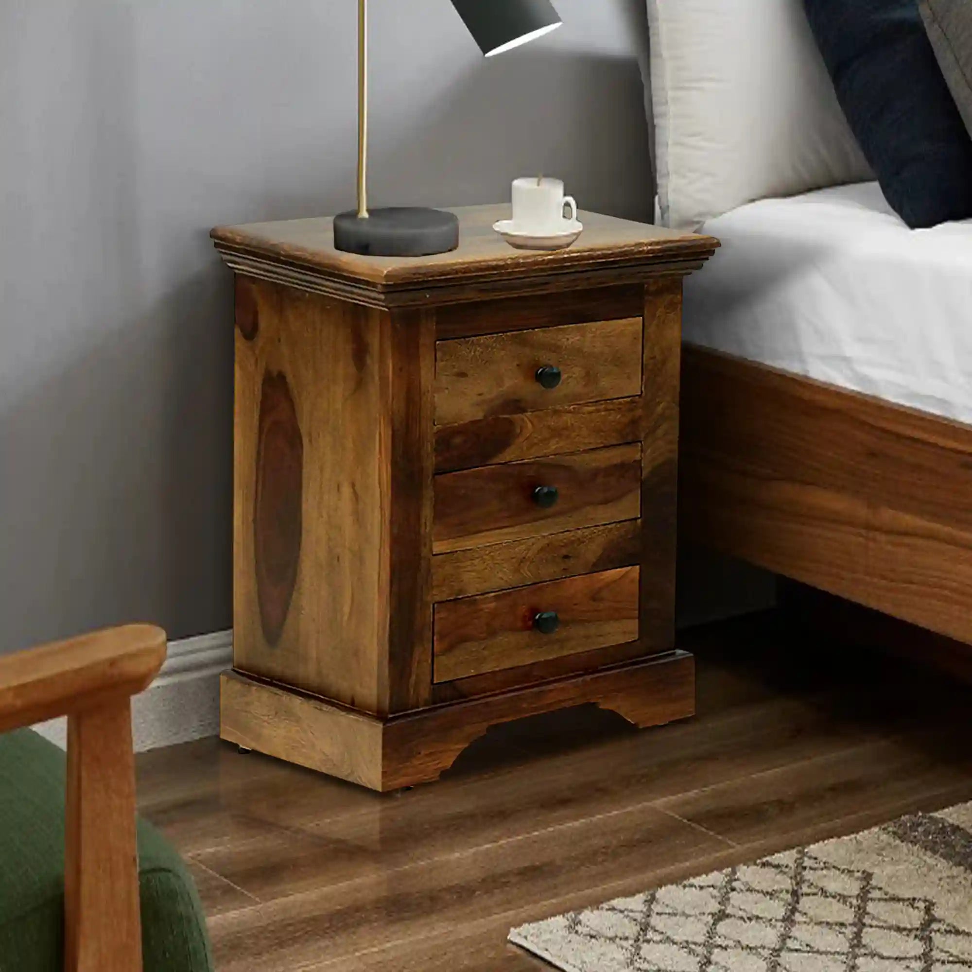 Kanishka sheesham wood bedside table with drawers modern nightstand India