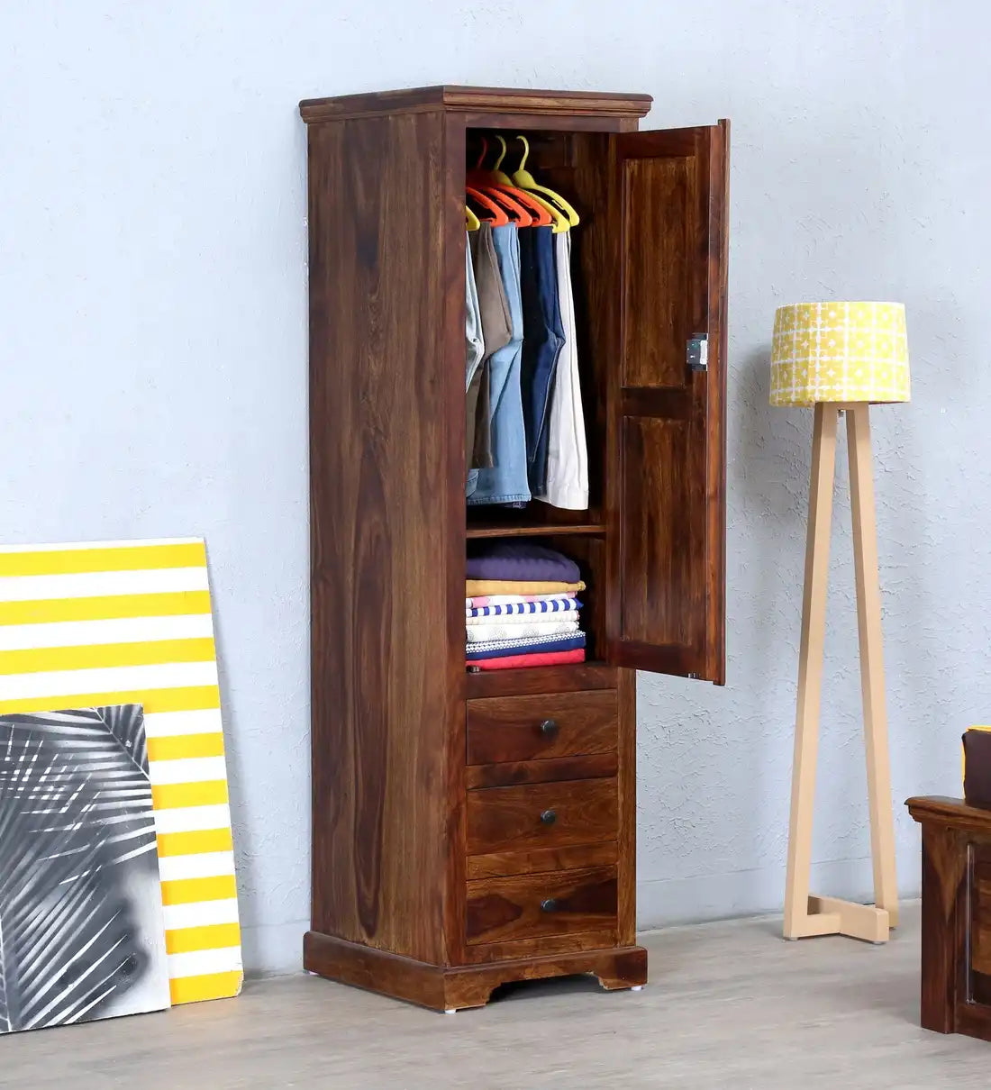 Kanishka wooden single door wardrobe compact storage cabinet India