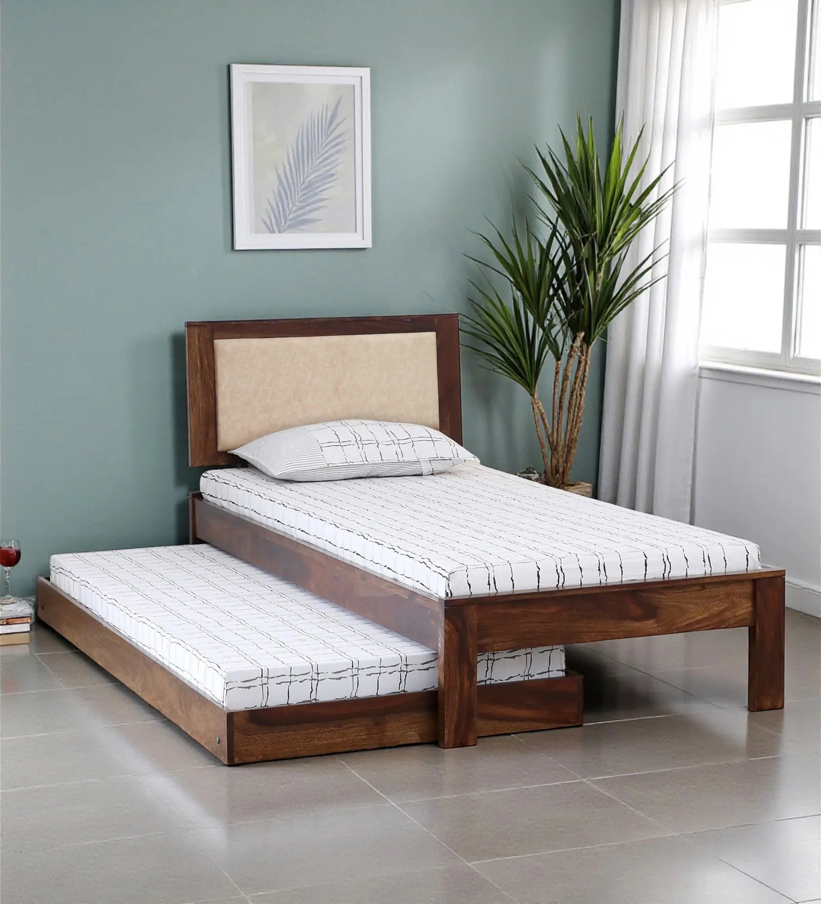 Kashtha solid wood single bed with trundle modern pull out bed India