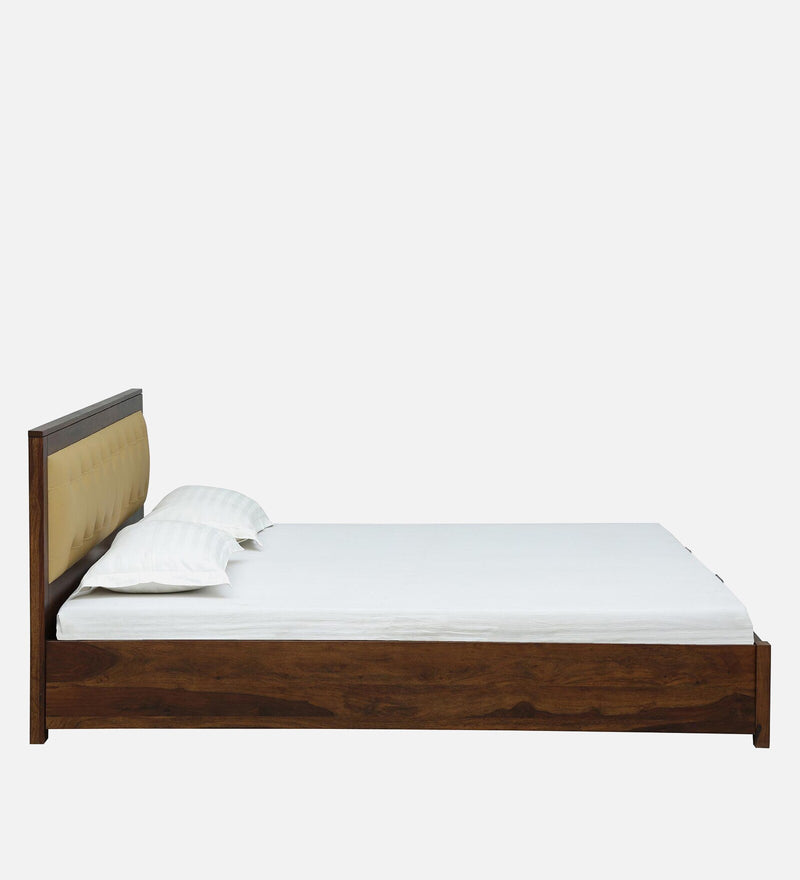 Lucia Solid Wood Upholstered Bed With Hydraulic Storage In Provincial Teak Finish By Rajwada
