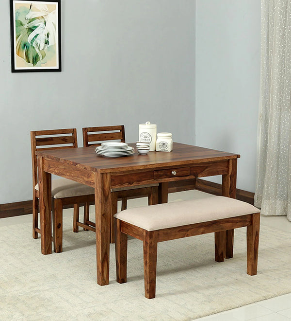Oslo Solid Wood 4 Seater Dining Set With Bench In Rustic Teak Finish By Rajwada