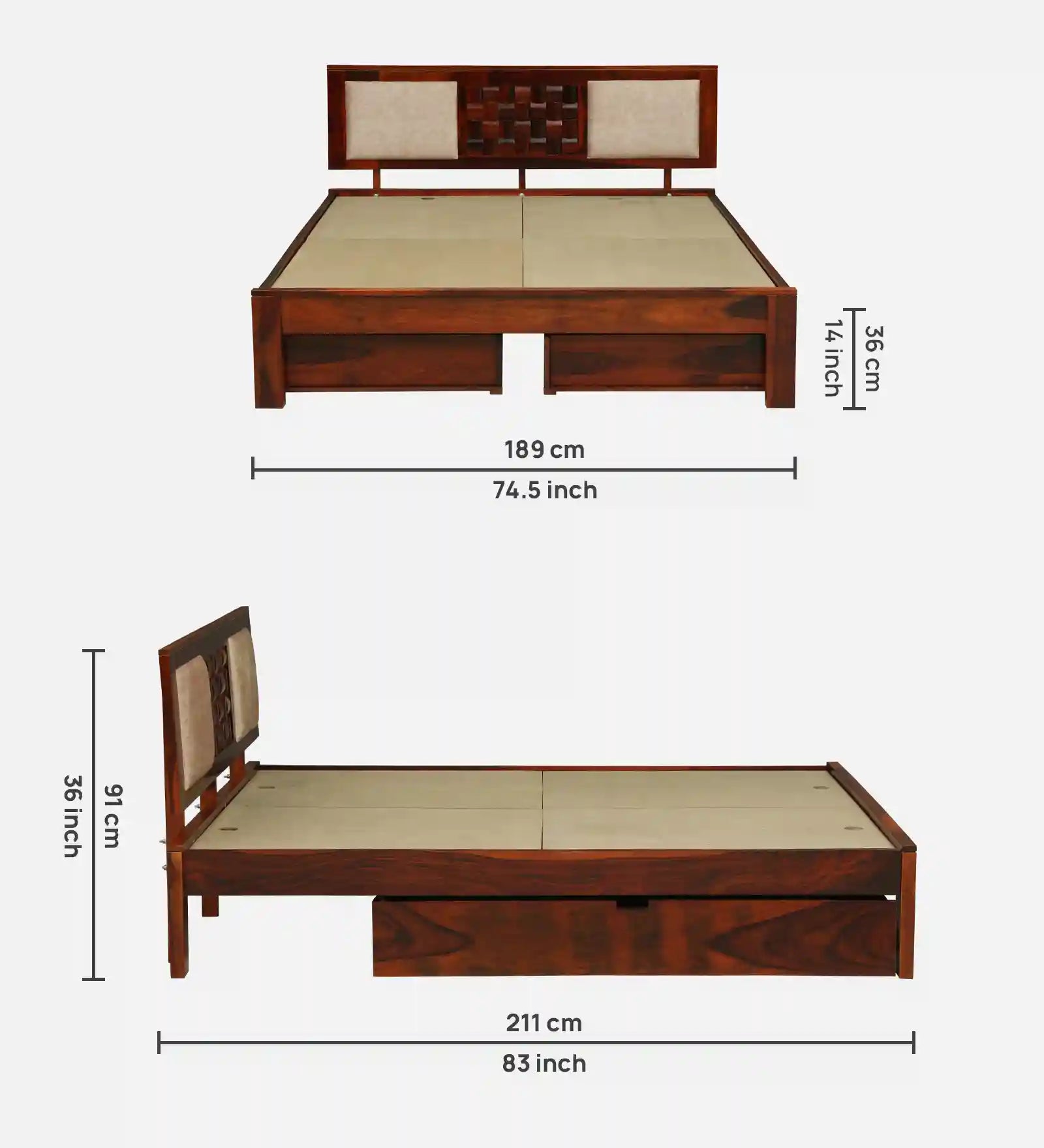 lifestyle bedroom setup with sheesham wood drawer storage bed india