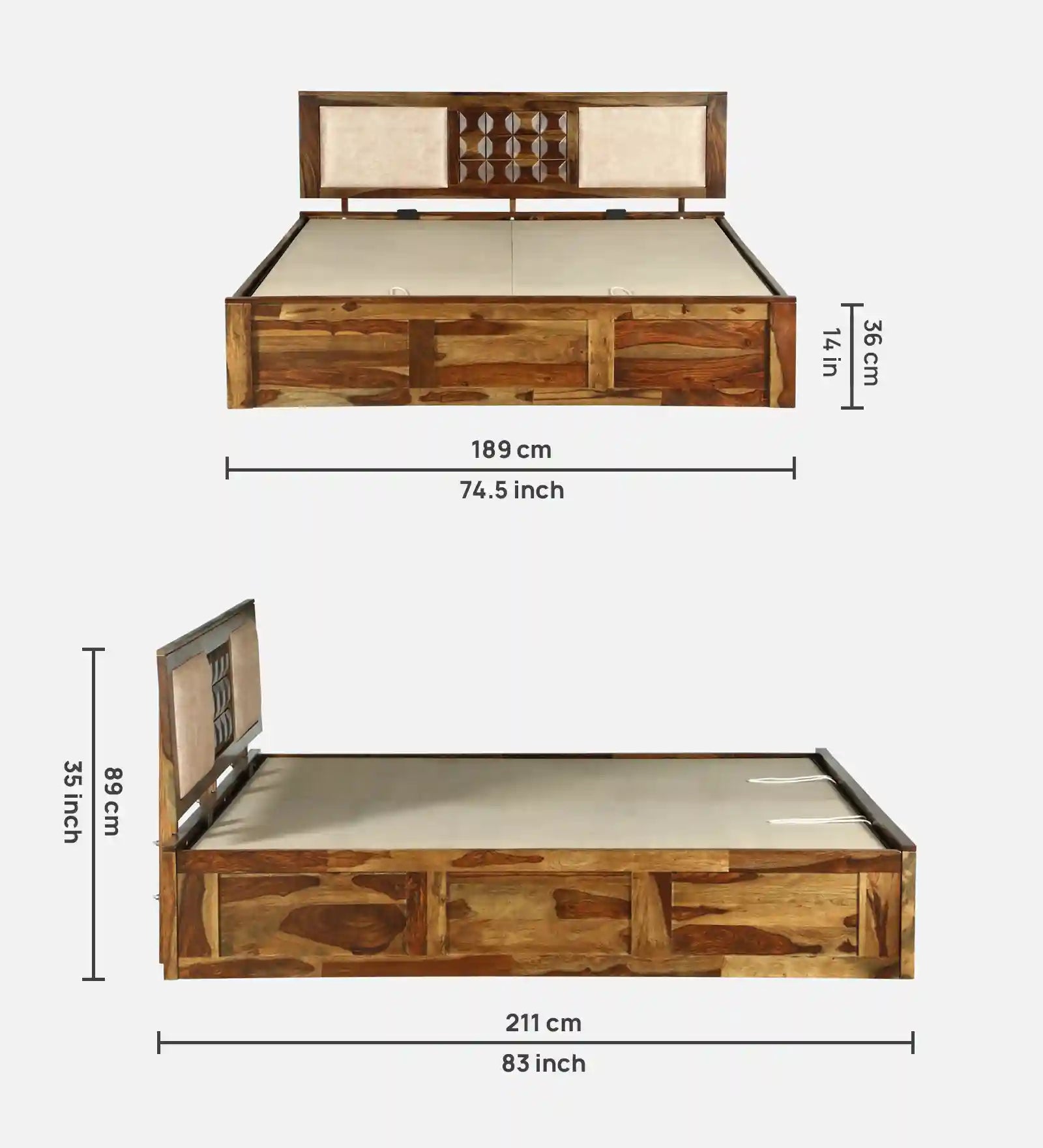 Tejas Solid Wood King Size Bed With Hydraulic Storage