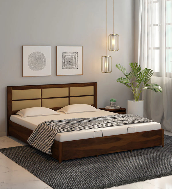 Evelyl Solid Wood Upholstered Bed With Hydraulic Storage In Provincial Teak Finish By Rajwada