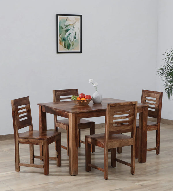 Saho Solid Wood 4 Seater Dining Set In Natural Teak Finish By Rajwada