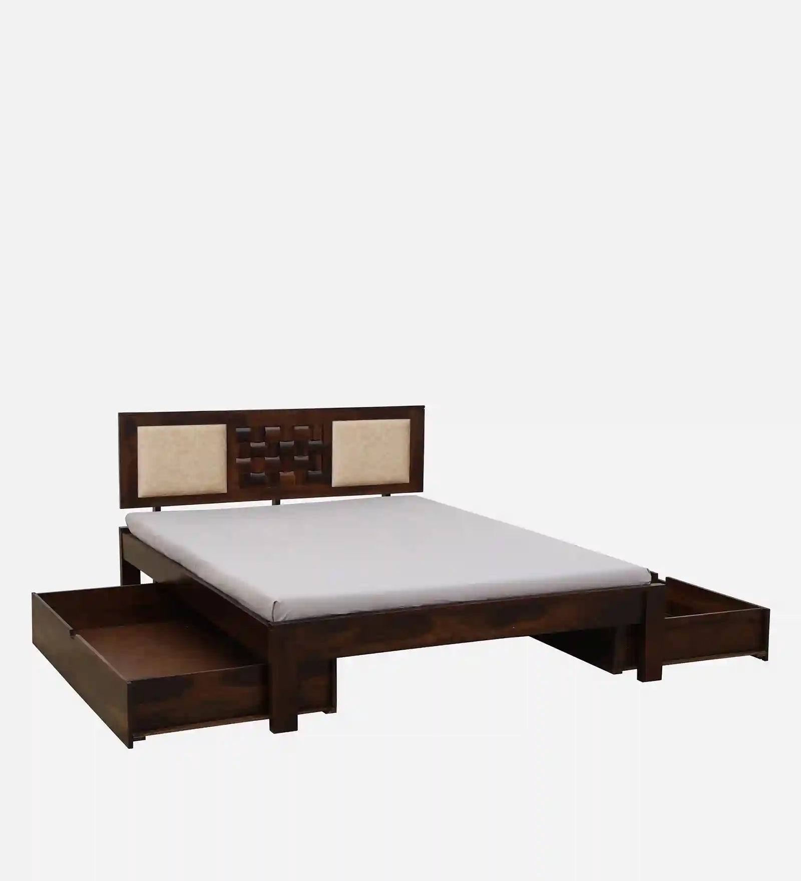 minimal headboard wood panel pattern sheesham queen size drawer storage bed india