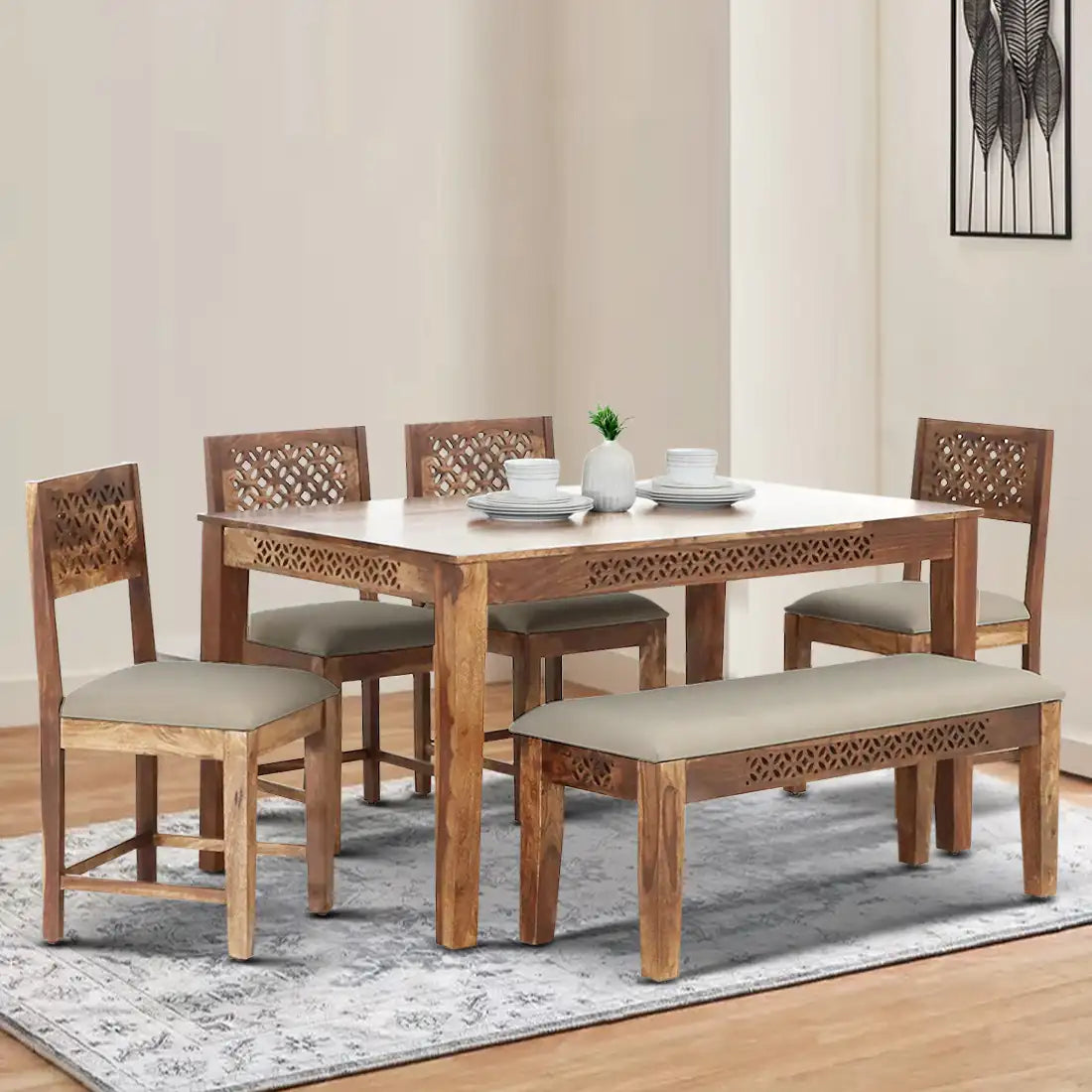 Modern Penza solid sheesham wood six-seater dining set with bench for stylish home interiors