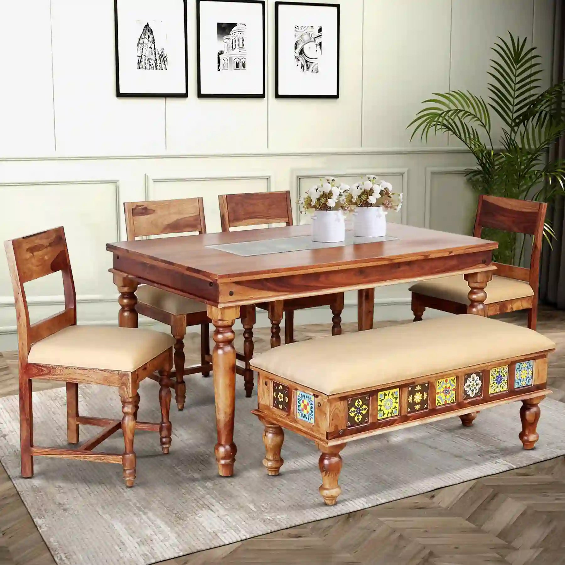 Modern sheesham wood 6-seater dining set with bench for stylish home interiors