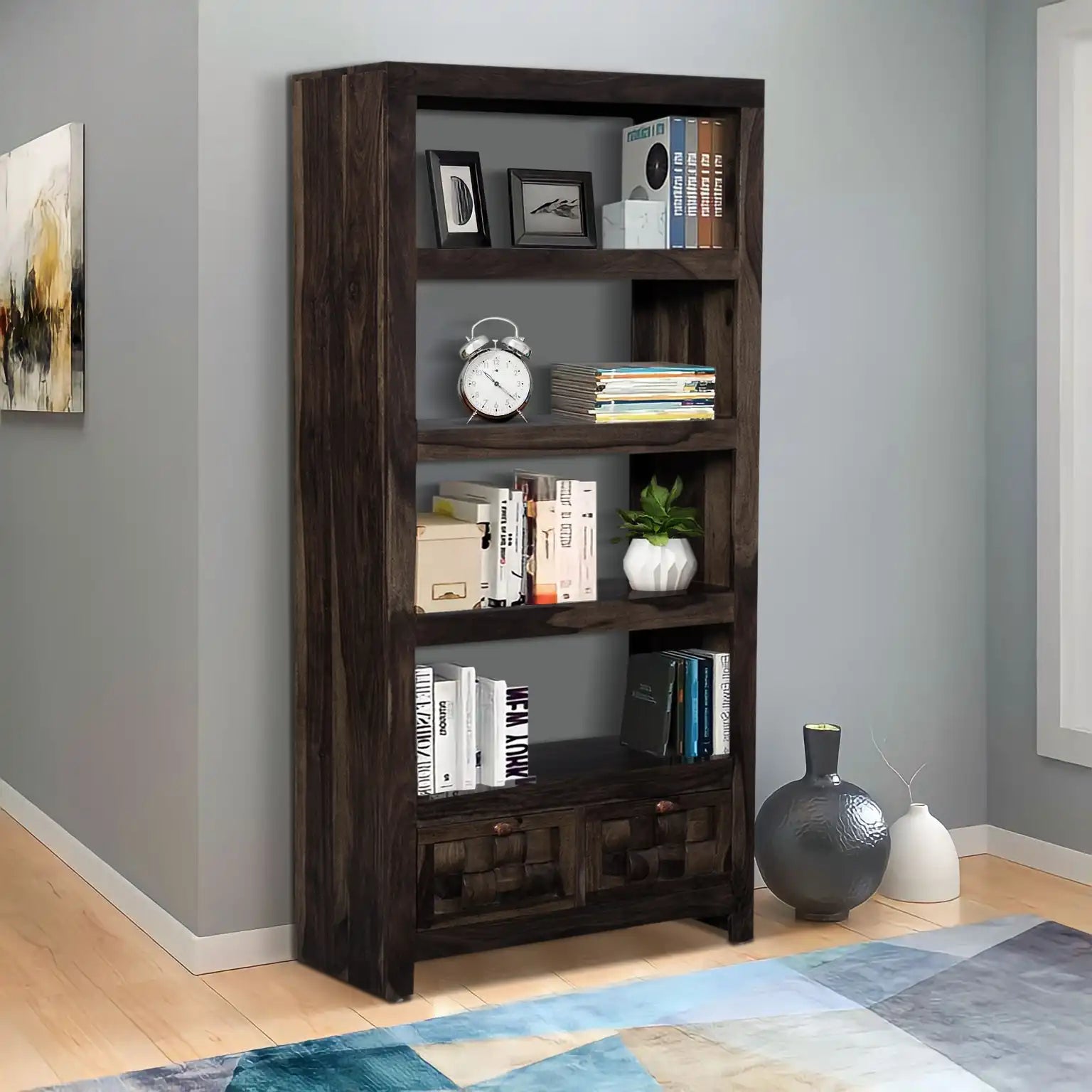 Modern sheesham wood bookshelf wooden bookcase for study room storage