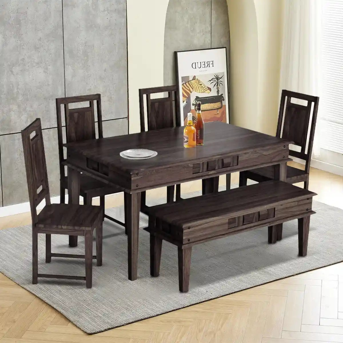 Modern six seater dining table set with bench solid wood Niware style with premium finish
