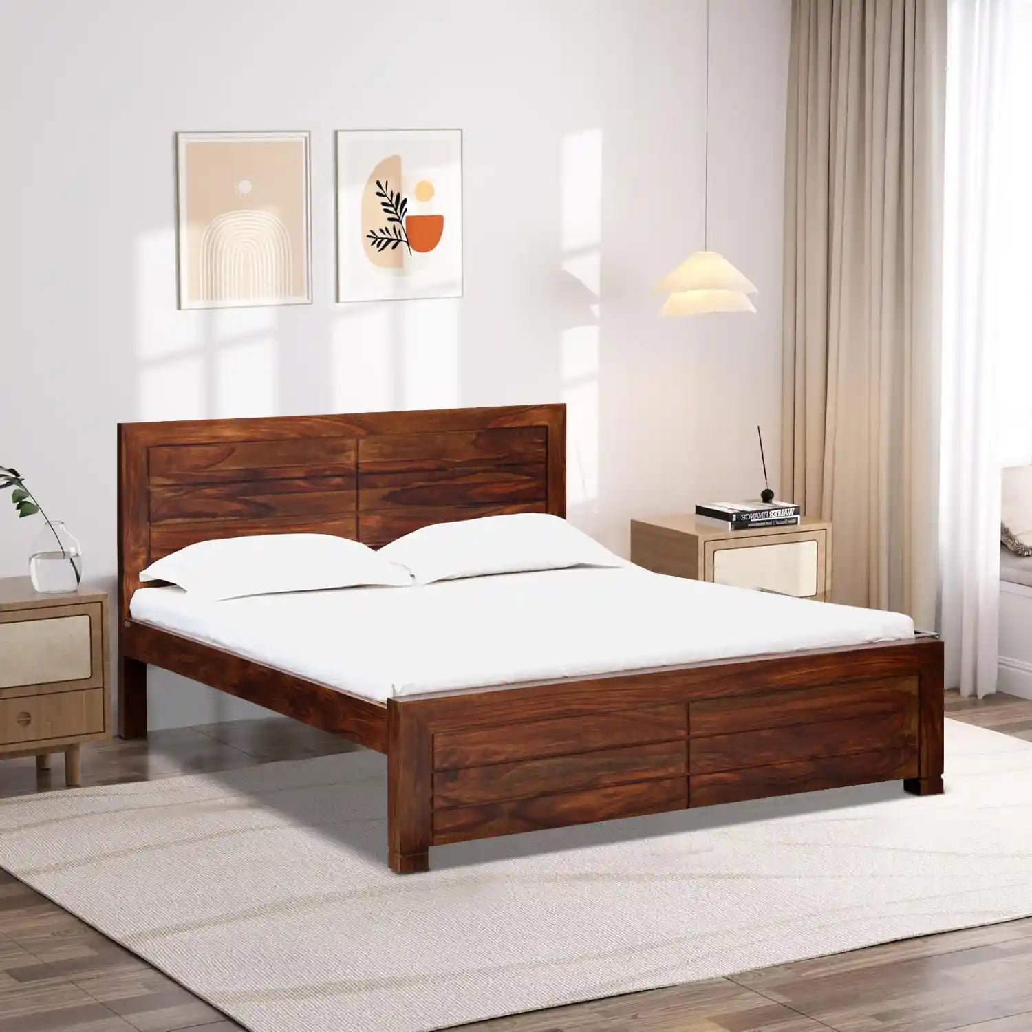 moscow contemporary sheesham wood queen size bed without storage front view modern wooden design