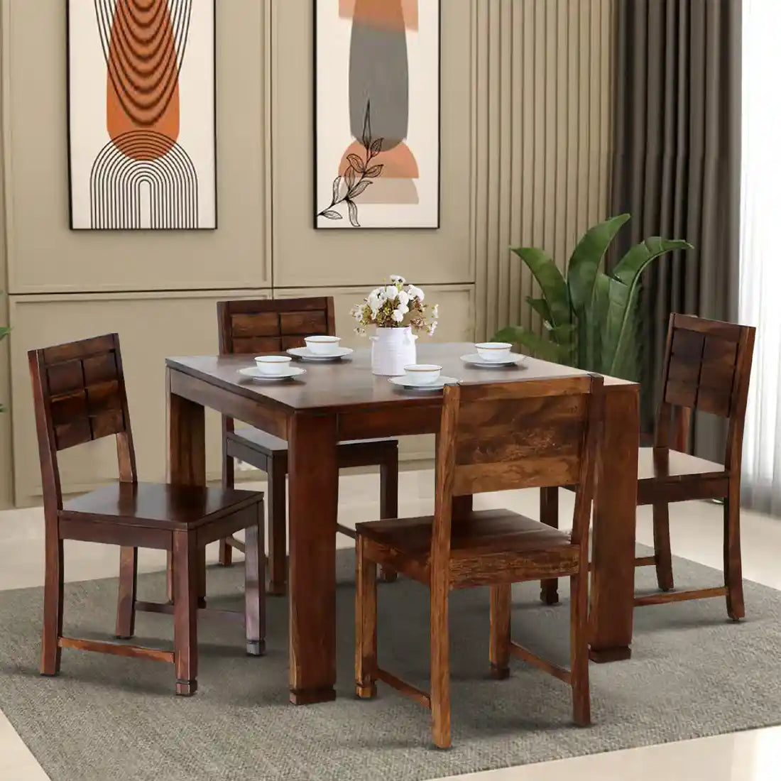 Moscow luxury sheesham wood four seater dining table set premium wooden furniture India