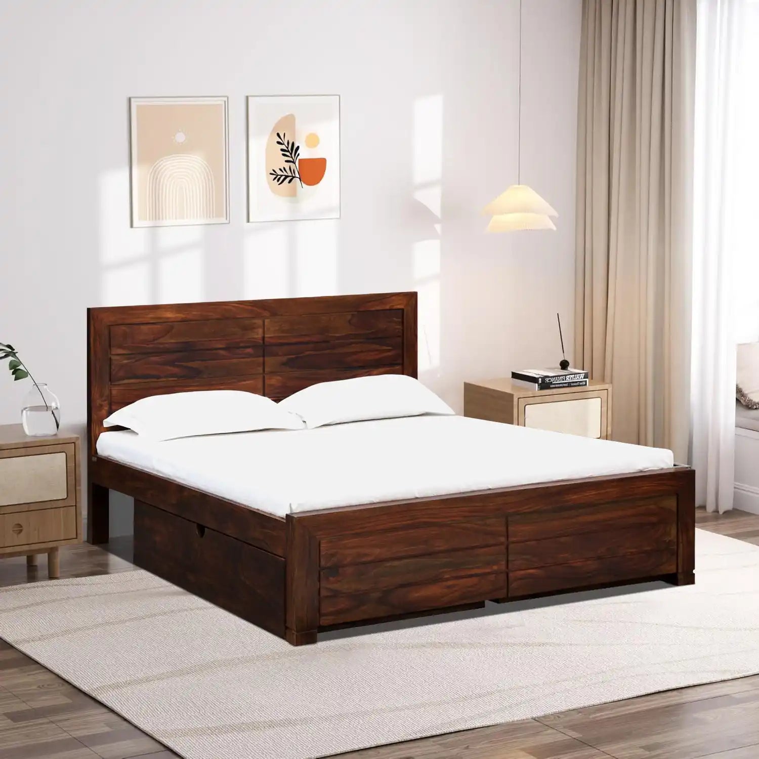 Moscow natural wood king bed drawer storage strong frame design