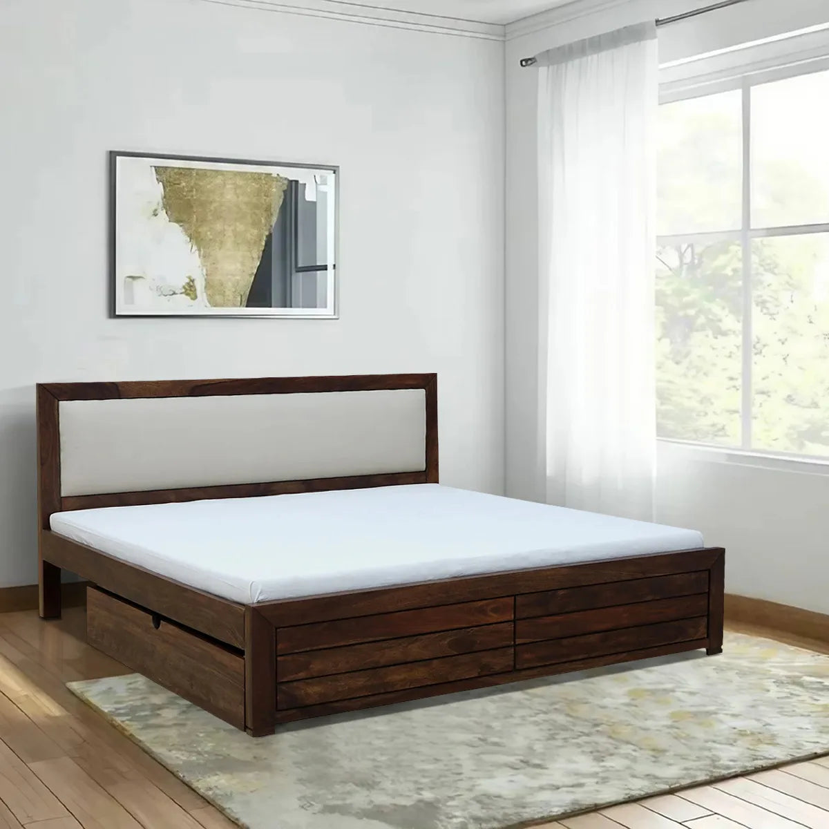 moscow solid sheesham wood king size drawer storage bed front view wooden bed india