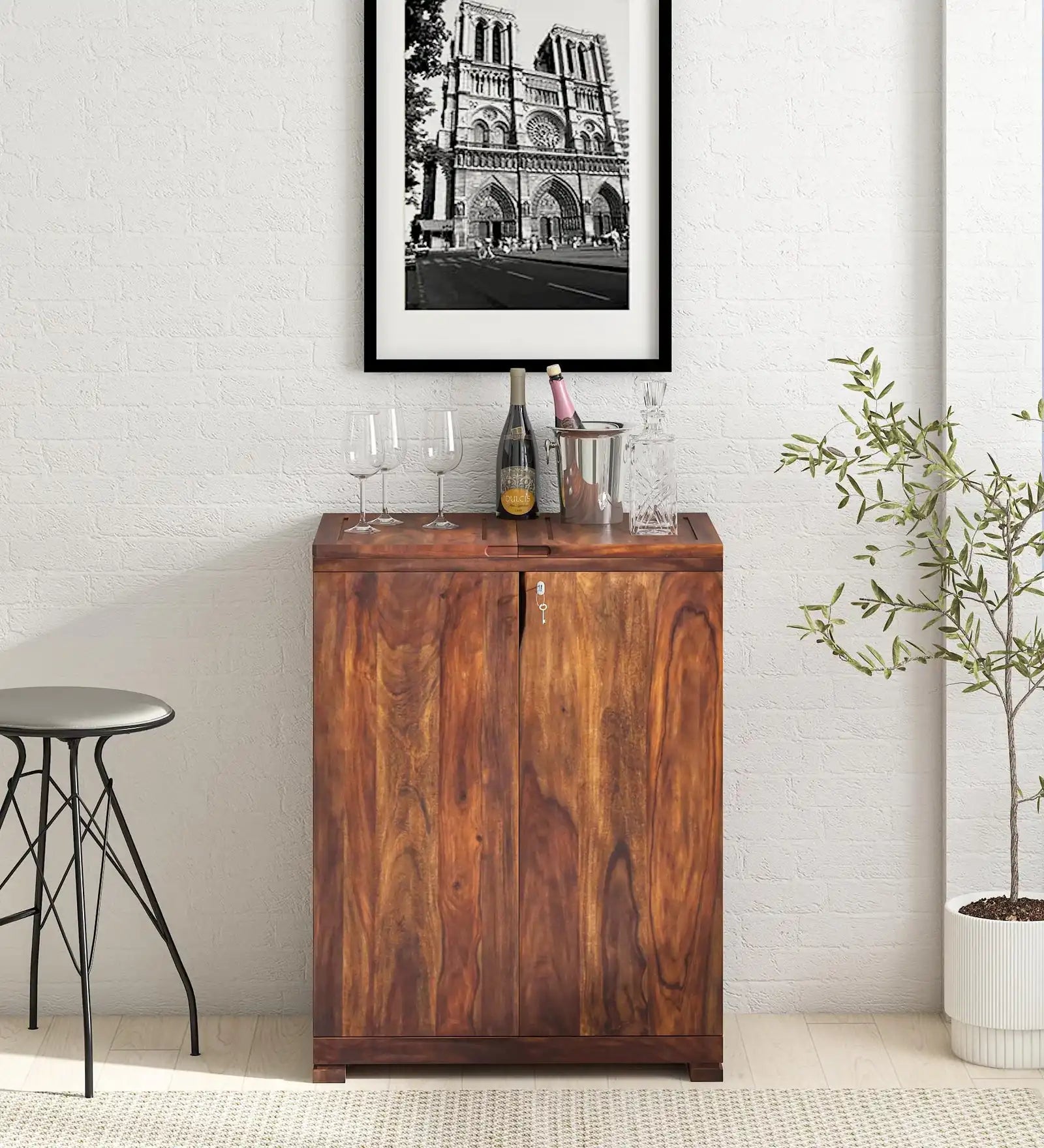 Moscow solid wood bar cabinet in sheesham wood for premium home bar storage India
