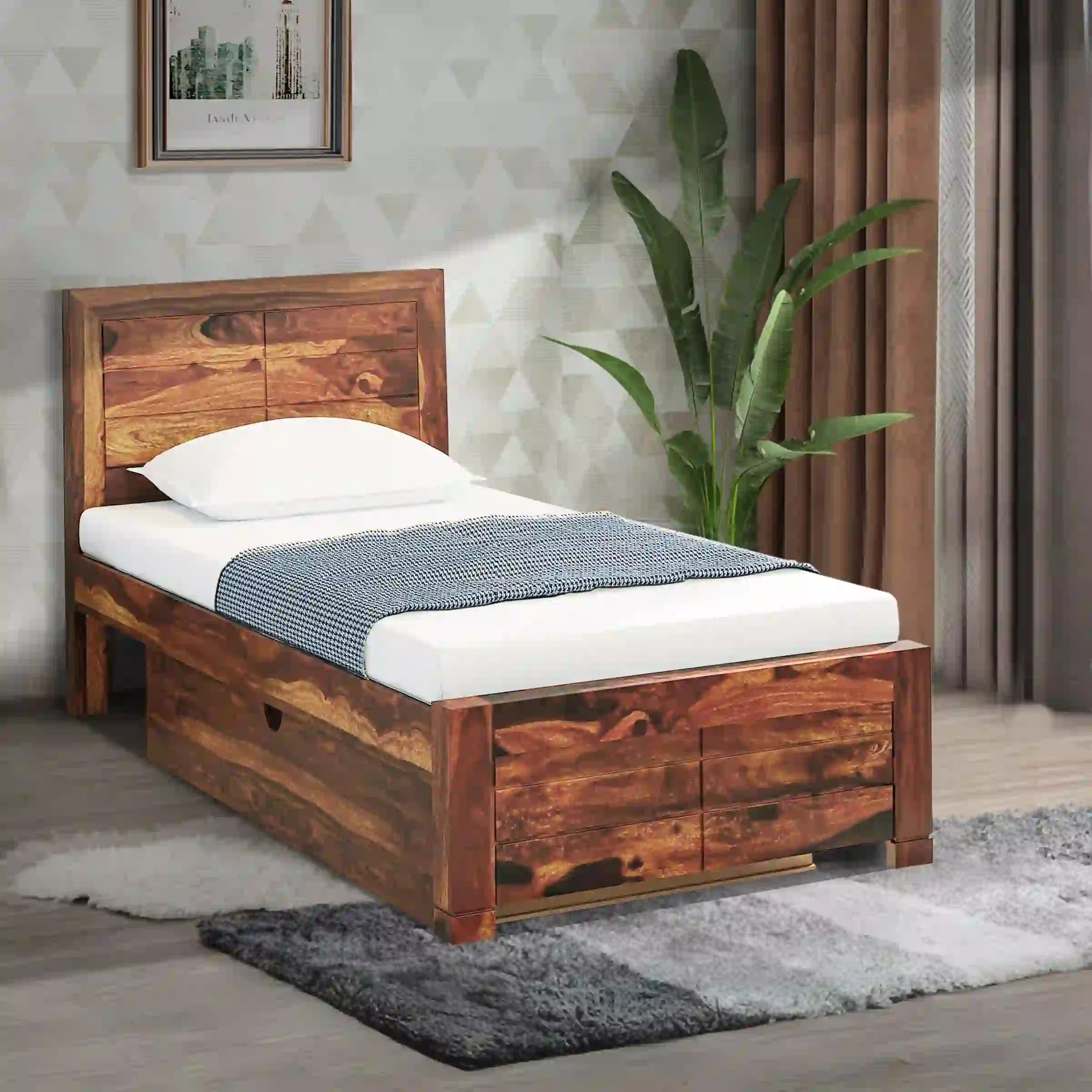 Moscow solid wood bed with drawer clean modern wooden bed India