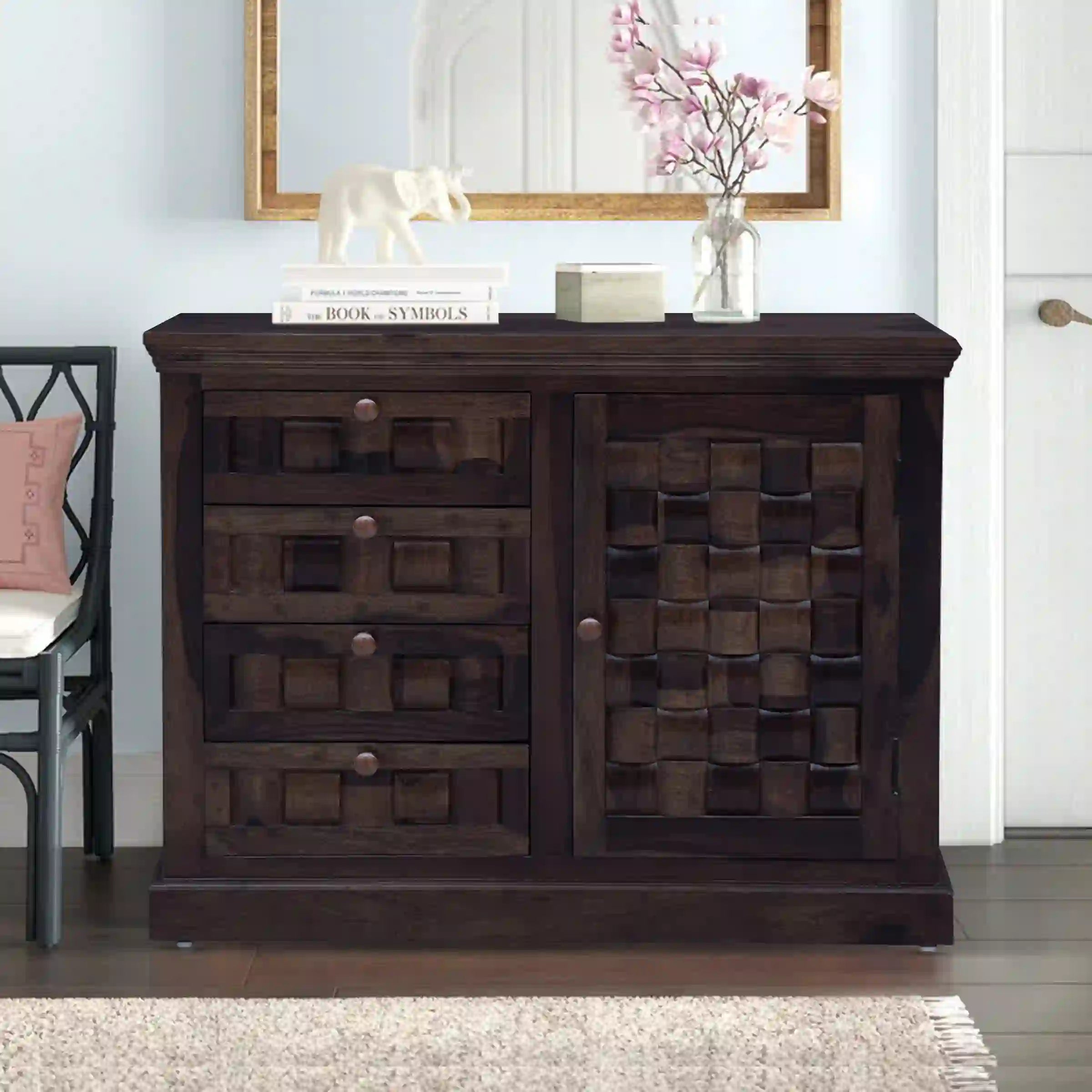 Natural finish console storage unit sheesham wood buffet furniture