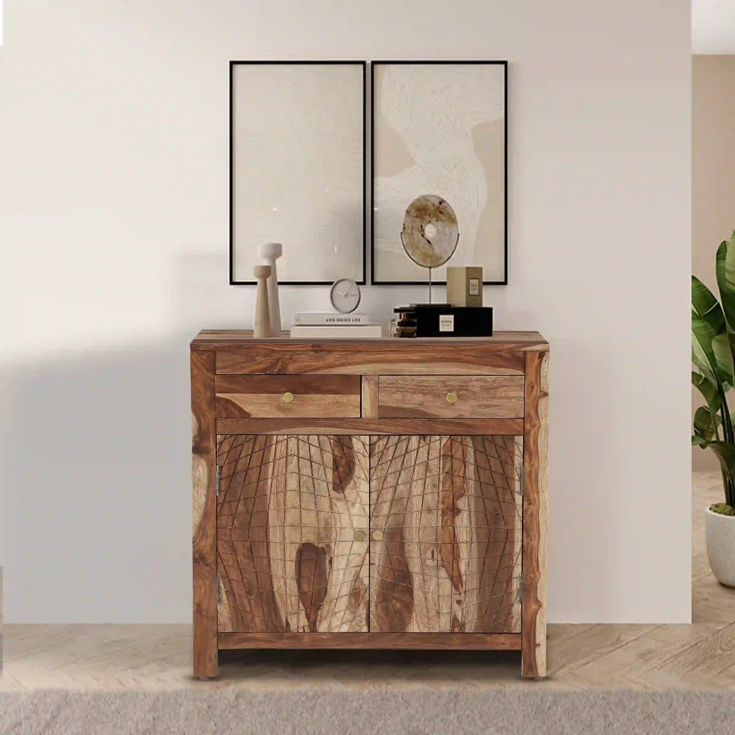 Natural finish console storage unit sheesham wood buffet furniture