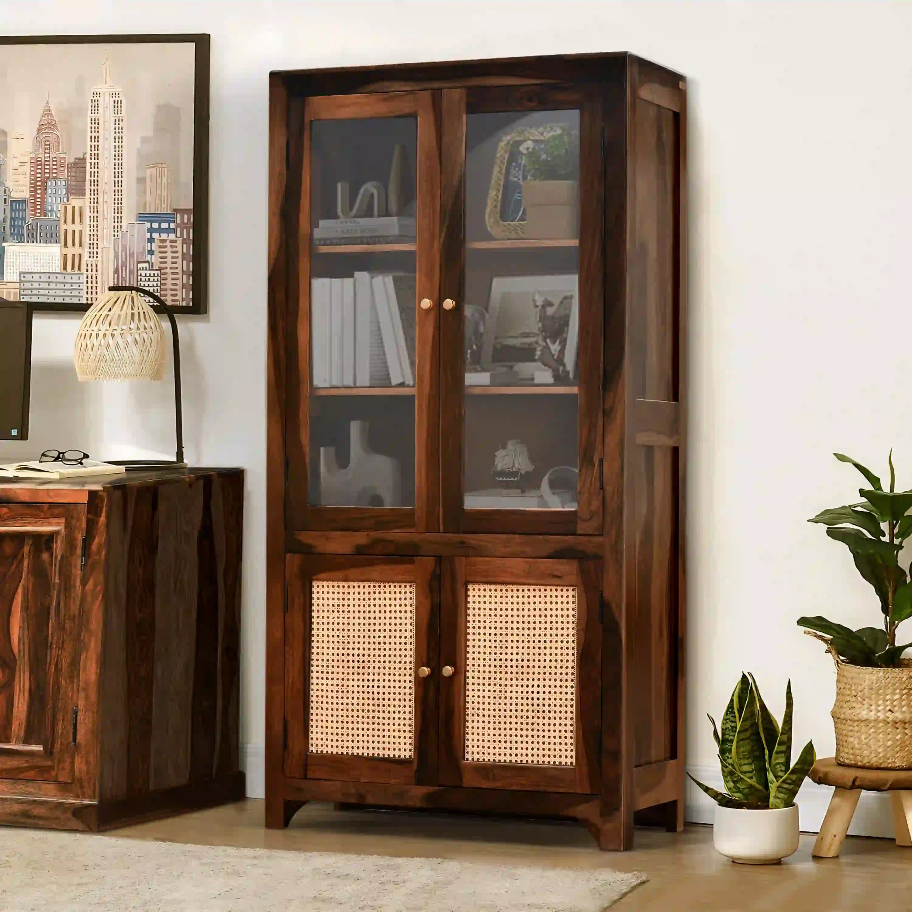 Natural finish sheesham wood bookshelf rattan cane home furniture